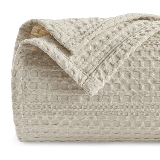 PHF Lightweight Waffle Weave Blanket Queen Size 90"x 90", Soft Woven Summer Blanket for Hot Sleepers - Aesthetic Home Decor for Couch Bed Sofa, Pet Friendly, Natural/Linen