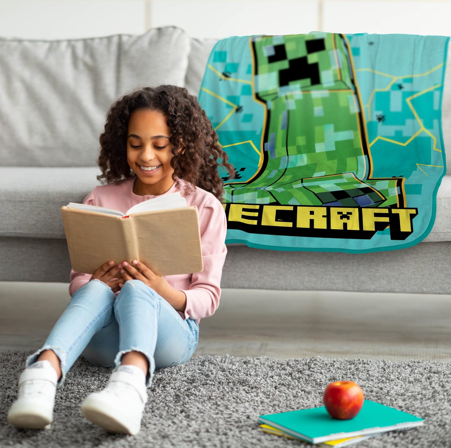 Jay Franco Kids Plush Throw Blanket – Soft & Cozy Fleece Throw for Bedroom & Couch Décor, Official Licensed Product, Teal - Minecraft, 46x60 - Throw Blanket