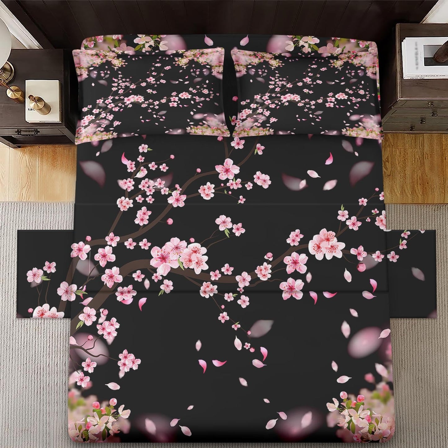 WeCozy Queen Size 4 Pcs Bed Fitted Sheet Set with 14" Deep Pocket, Blossom Cherry Flat Sheet Set for Kids and Adults, Pink Tree Flower Bedding with 2 Pillowcases for Bedroom Decor