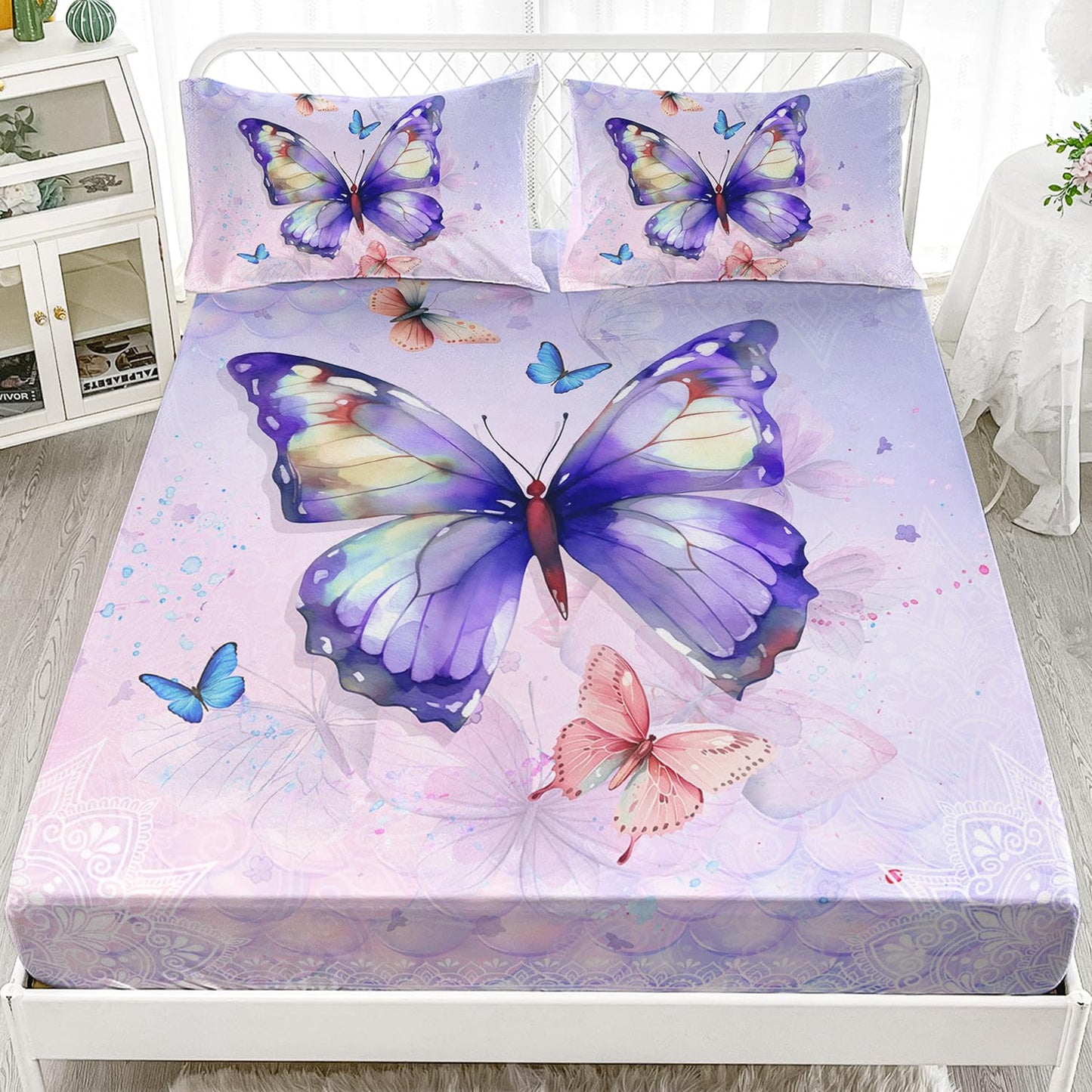HOSIMA Butterfly Twin Fitted Sheet with 2 Pillowcases, Mandala Twin Bedding Sets for Girls Boys Women Room Decor, Purple Butterfly Bed Sheet with 15-Inch Deep Pockets