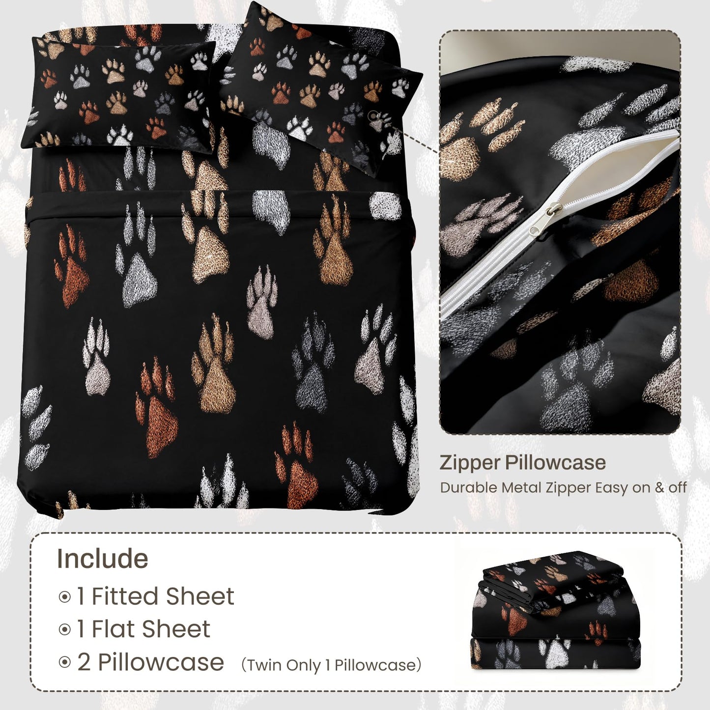 Cat Paw Print King Sheet Set 4 Pcs Dog Paw Bed Sheets, Black
