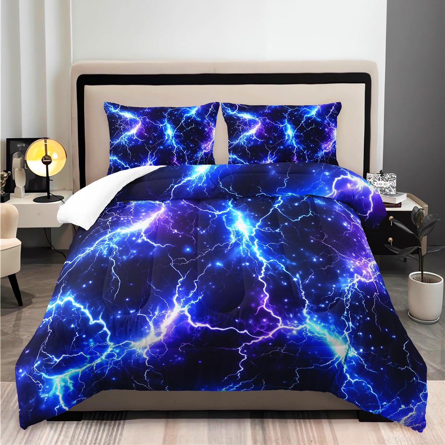 XYNHML Blue Lightning Printed Themed Comforter 3Pcs Twin Sky Natural Disaster Thunder Bedding Set for Kid Teen Girl Boy Adult Mysterious Thunderstorm Quilt Bed Decor with 1 Comforter & 2 Pillowcases