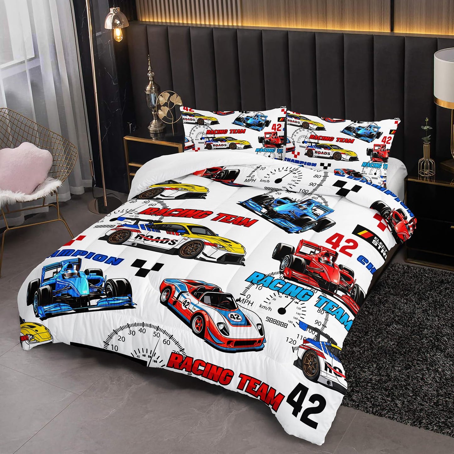 lneffble Race Car Themed Comforter Set Twin for Boys，Race Car Bedding Twin Bed Set，Kids Race Car Bedroom Decor with 1 Comforter with 2 Pillow Case