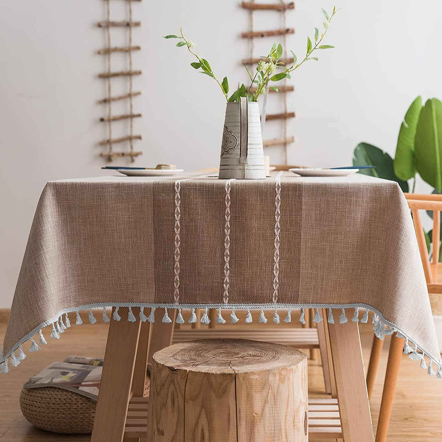 Linen Rectangle Table Cloth Waterproof Cotton Fabric Farmhouse Burlap Rustic Boho Coffee Tasseled Oblong Tablecloth for Party, Camping, Picnic, Kitchen and Dining Room Table Decor,55" x 86", 6-8 Seats
