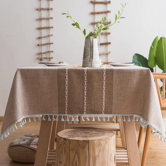 Linen Rectangle Table Cloth Waterproof Cotton Fabric Farmhouse Burlap Rustic Boho Coffee Tasseled Oblong Tablecloth for Party, Camping, Picnic, Kitchen and Dining Room Table Decor,55" x 86", 6-8 Seats