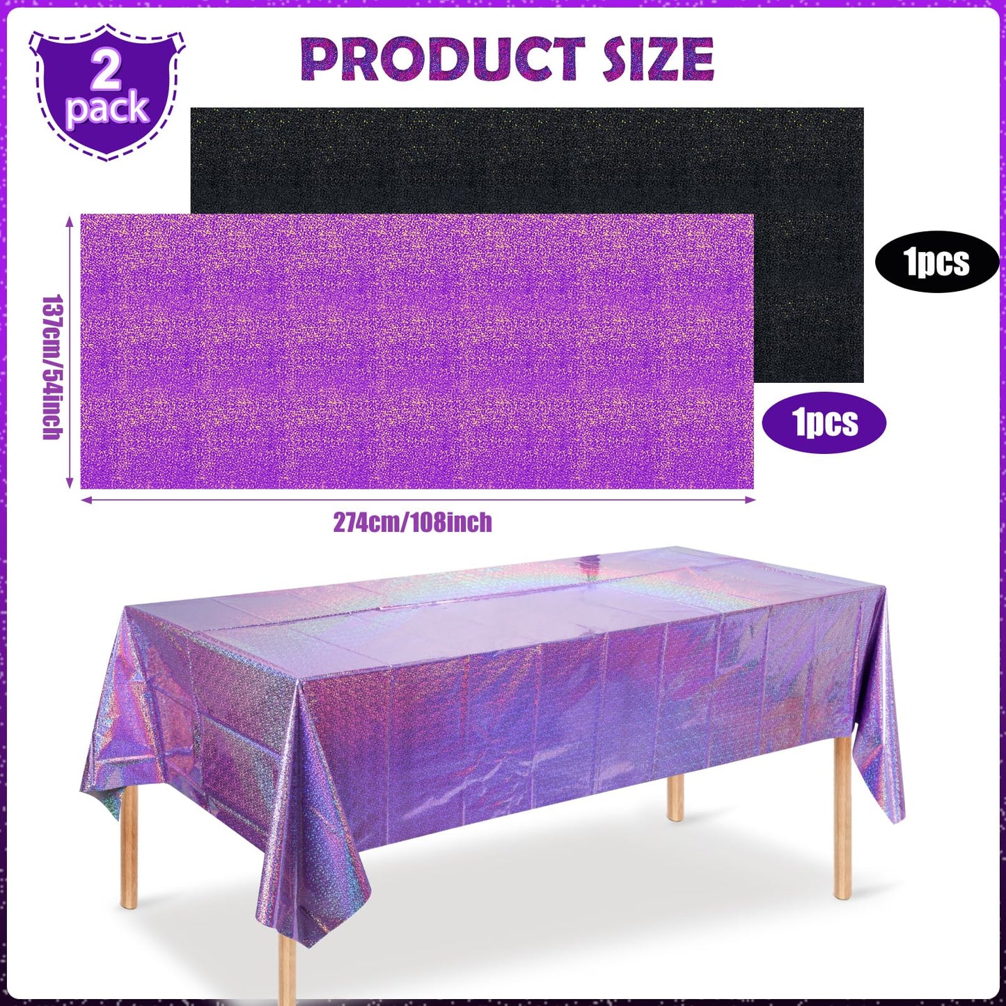 2 Pack Iridescent Black and Purple Plastic Tablecloth 54x108 Inch, Holographic Laser Disposable Table Cover, Rectangle Black and Purple Table Cloth for Halloween Holiday Birthday Party Decorations