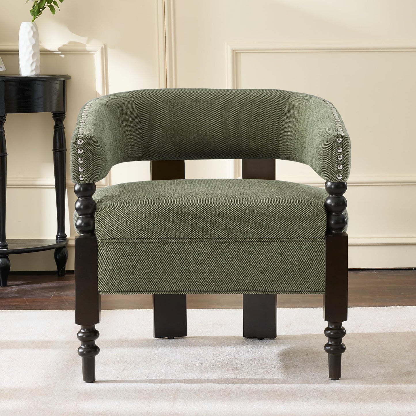LOULENS Barrel Accent Chair for Living Room | Vintage Linen Upholstered Lounge Chair with Solid Wood Legs, Armchair for Bedroom, Reception Room & Reading Nook, Dark Green