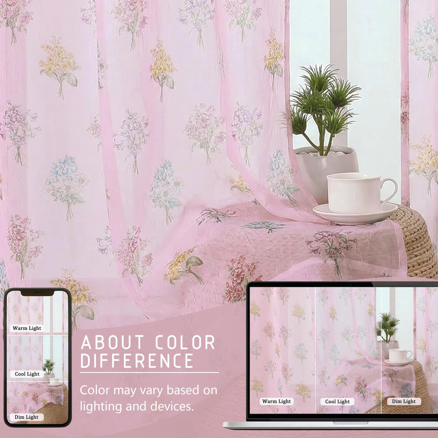 Ebesto Crushed Floral Sheer Curtains 63 Inch Length - Light Filtering Printed Sheer Flower Patterned Curtains for Bedroom, Spring Romantic Rod Pocket Window Drapes, 2 Panels, 42Wx63L, Blush Pink