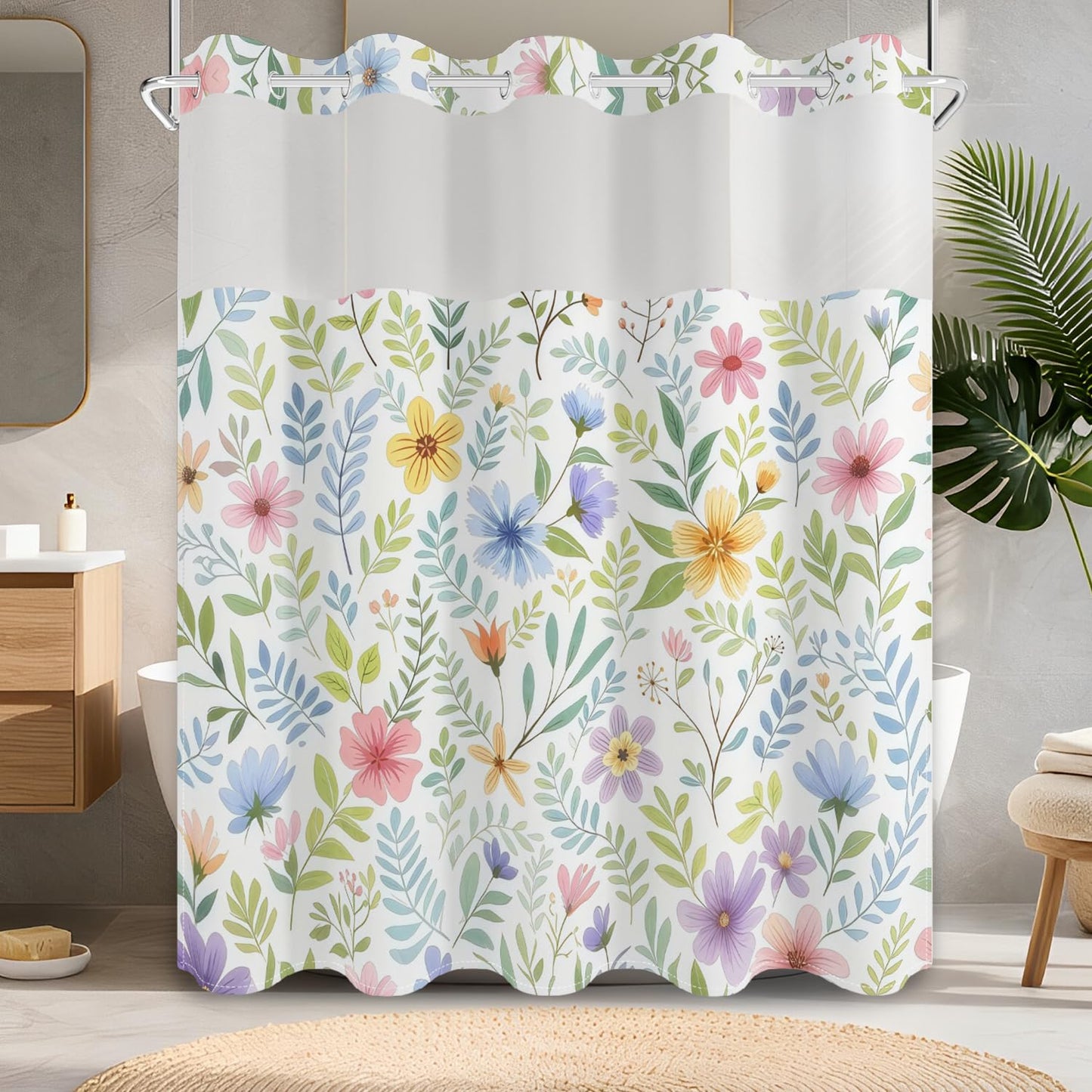 No Hook Shower Curtain with Snap in Fabric Liner Set, Waterproof & Washable, Boho Colorful Plant Floral Shower Curtains for Bathroom, Farmhouse Rustic Flower Bathroom Curtain, House Gift, 71x74 inch