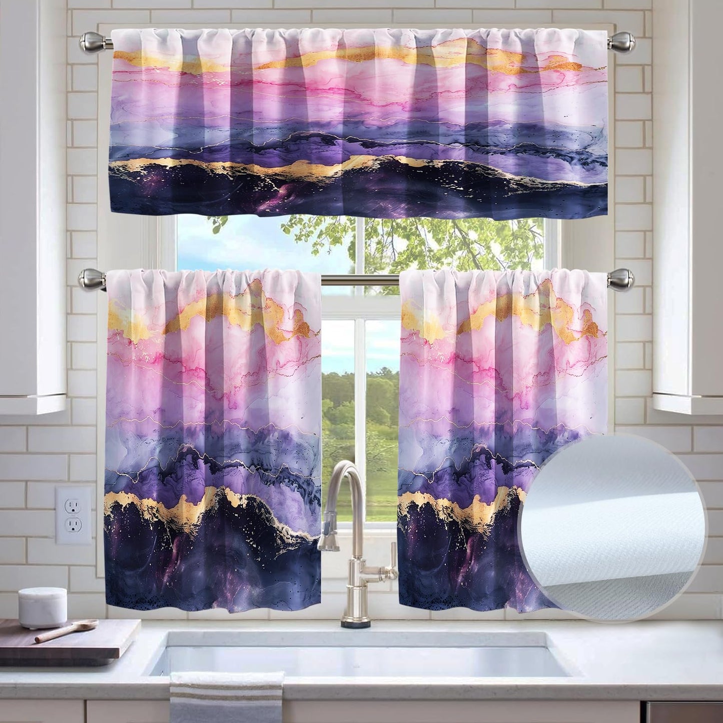 KINUUIS Pink Gold Marble Blackout Kitchen Window Tier Curtains and Valance Set, 52 x 36 Inch Abstract Art Window Curtains Set with Rod Pocket for Small Windows, Living Room,Bathroom
