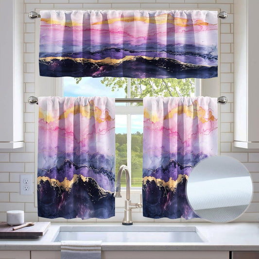 KINUUIS Pink Gold Marble Blackout Kitchen Window Tier Curtains and Valance Set, 52 x 36 Inch Abstract Art Window Curtains Set with Rod Pocket for Small Windows, Living Room,Bathroom