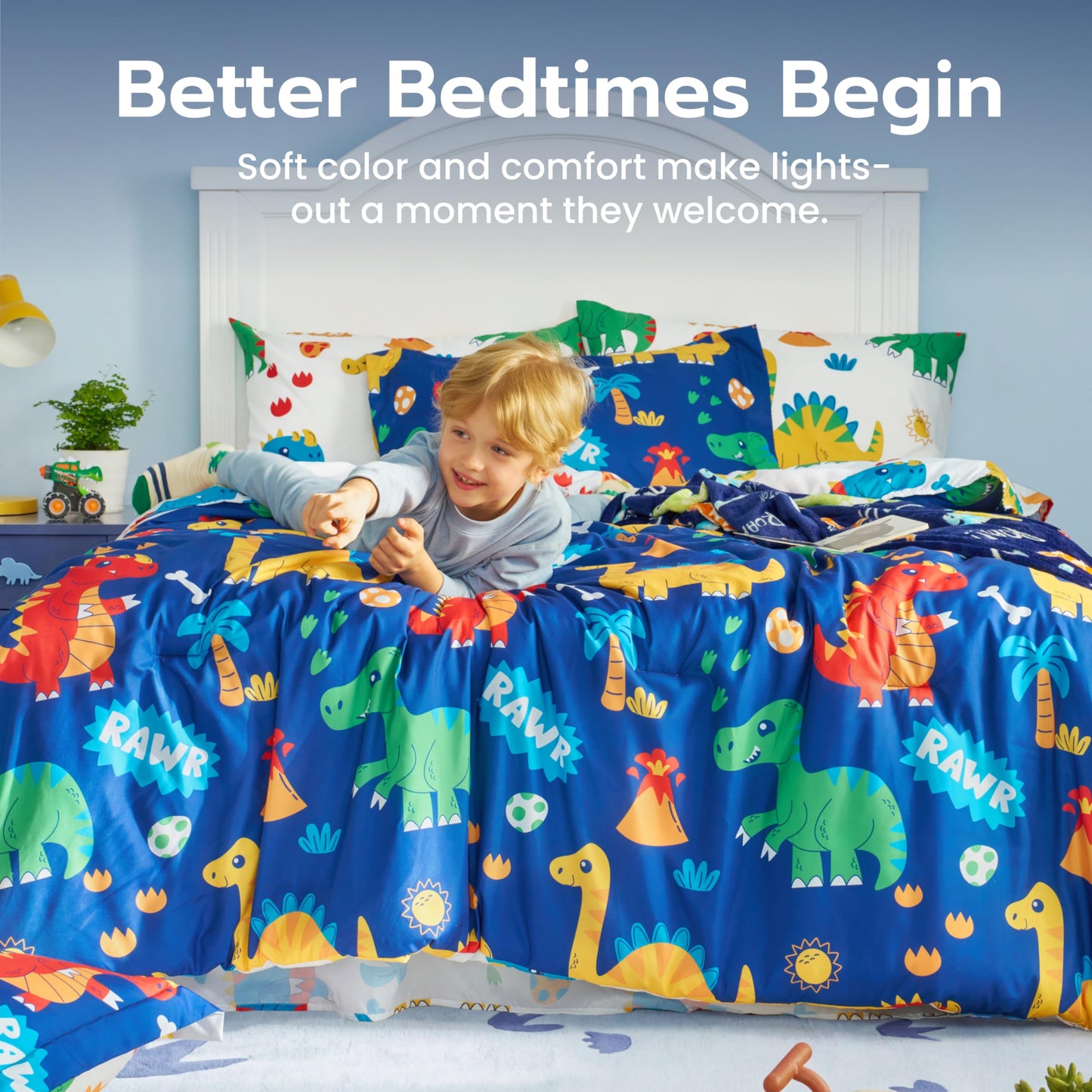 Joiedomi Kids Comforter Set Bedding Set for Boys Girls Super Soft Microfiber Bed in a Bag with Comforter Sheets Pillowcase Sham, Dark Blue Cute Dinosaur, Full