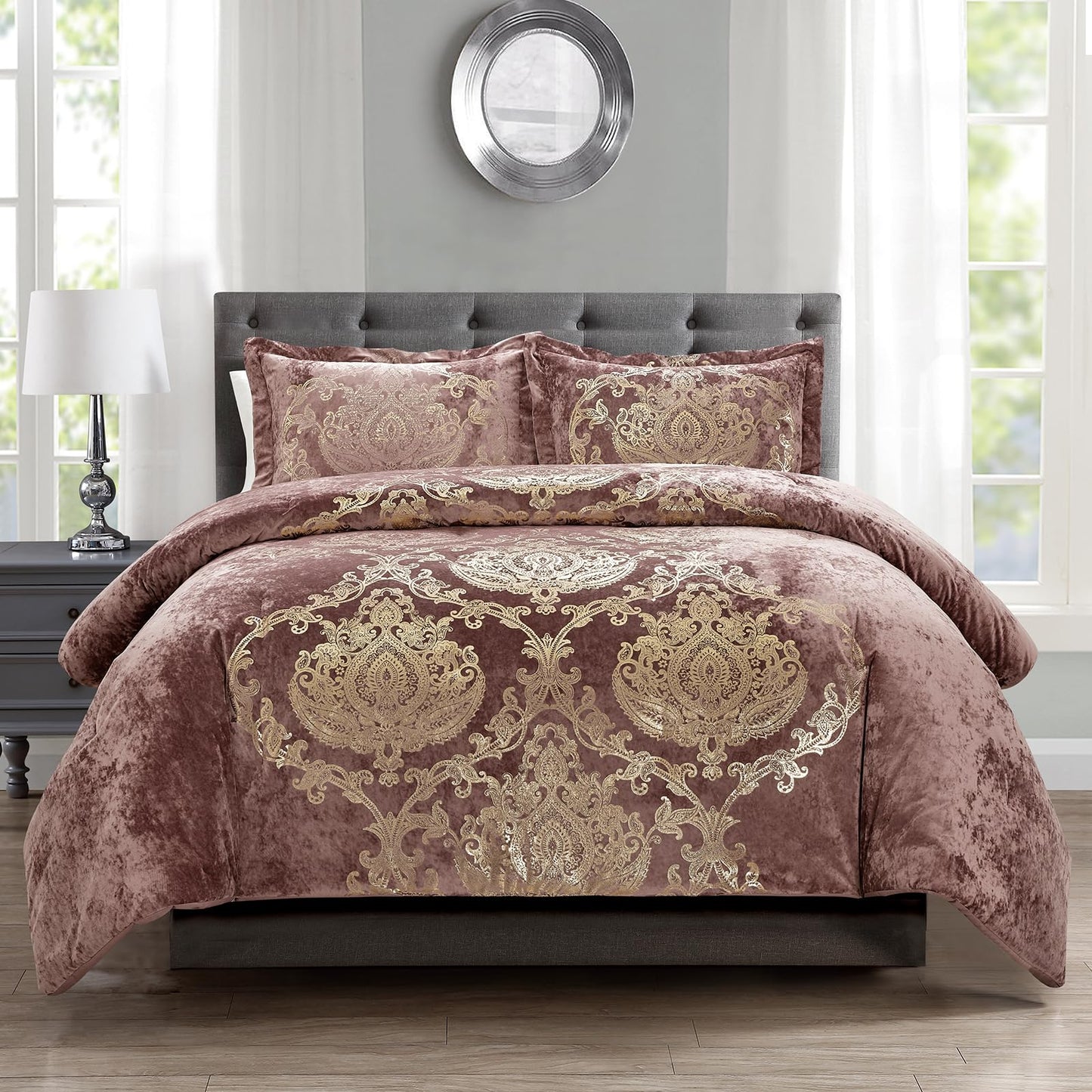 Sunshine Nicole Metallic Print Comforter Set, Distressed Velvet Face with Metallic Foil Print and Brushed Solid Microfiber Reverse, with Light Weight Soft Poly Fill, 3 Pieces Dusty Mauve Gold, Queen
