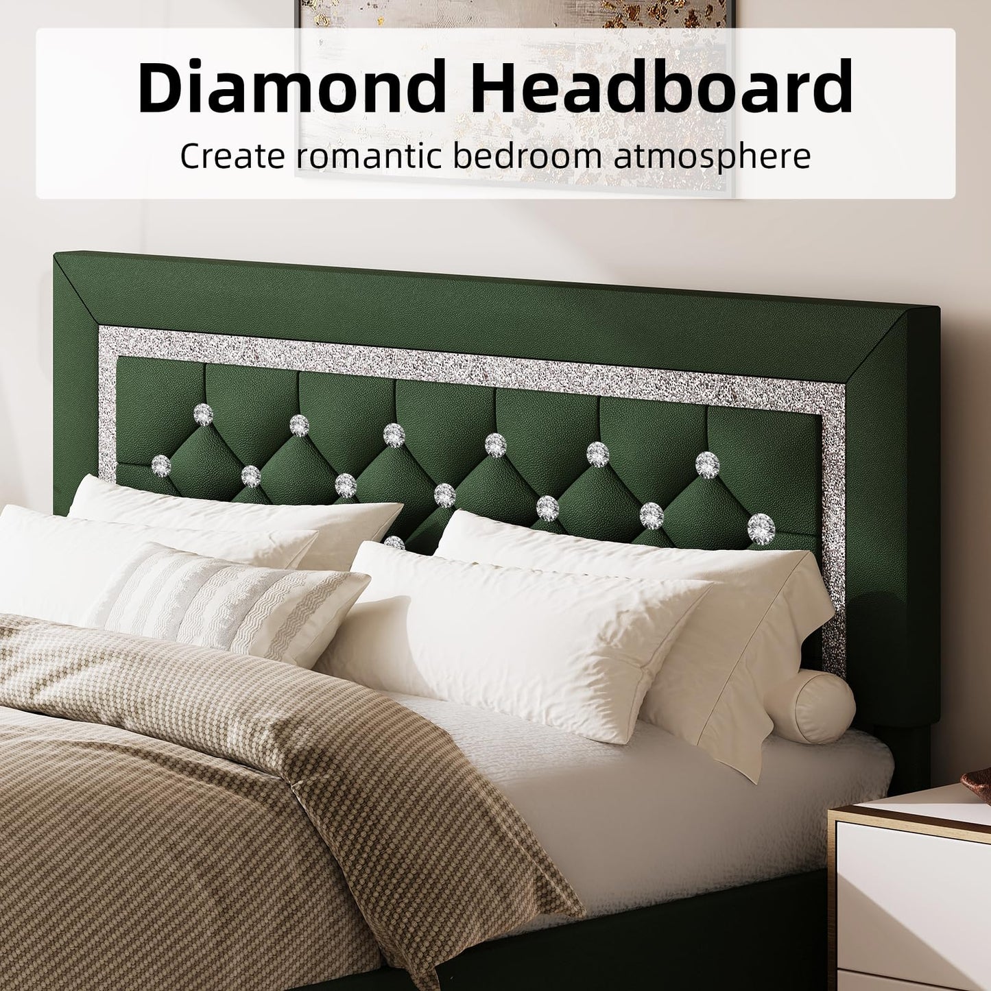 BarnFurin Queen Size Bed Frame with Headboard, Faux Leather Upholstered Bed with Diamond Tufted Design, Modern Bed Frame with Wooden Slats Support, No Box Spring Required, Easy Assembly, Green