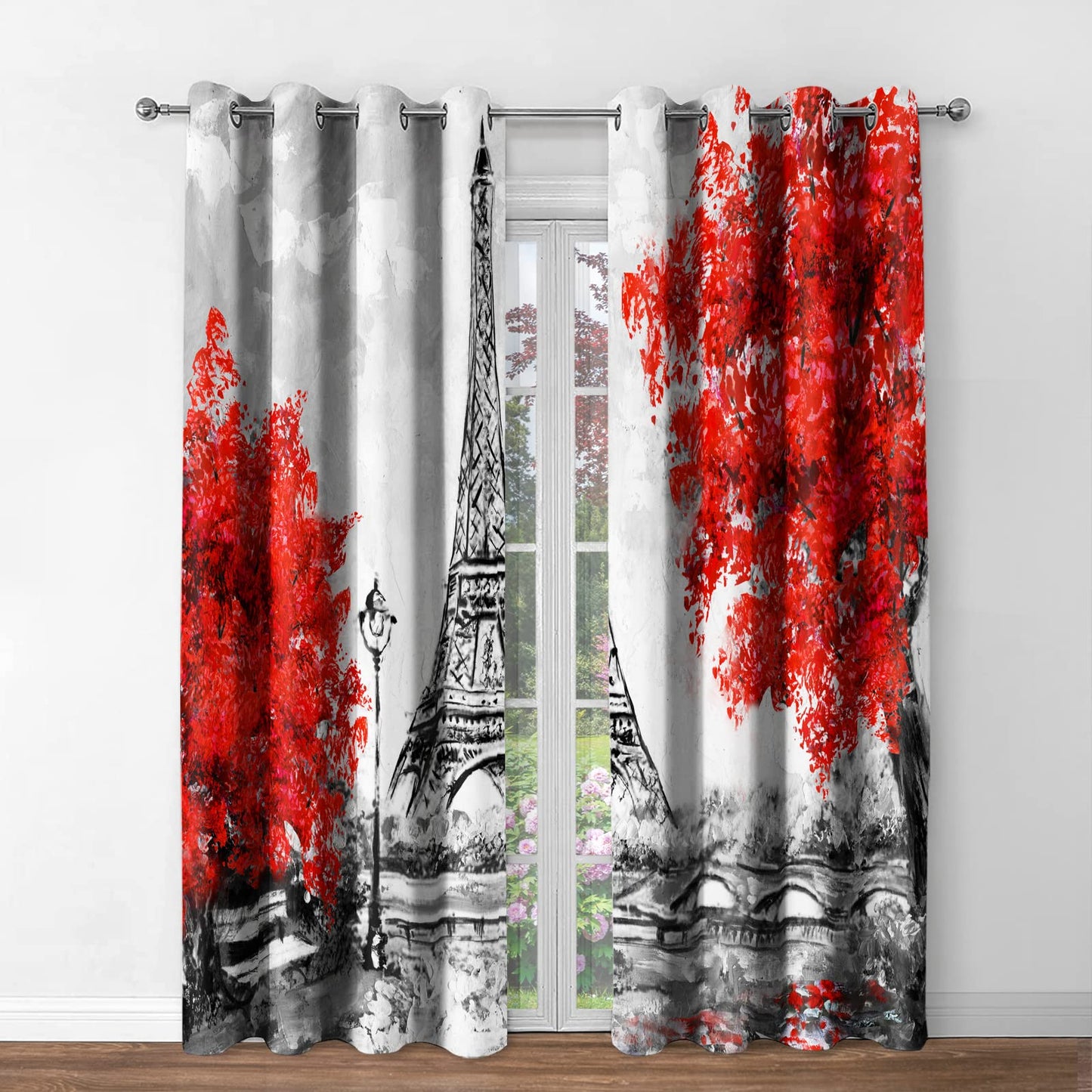 Jekeno Paris Eiffel Tower Blackout Curtains - French Landmark France Famous Place Cityscape Scene Romantic Decor for Women Girls Bedroom Living Room Grommet Window Drapes 2 Panel Set, 52"x84"