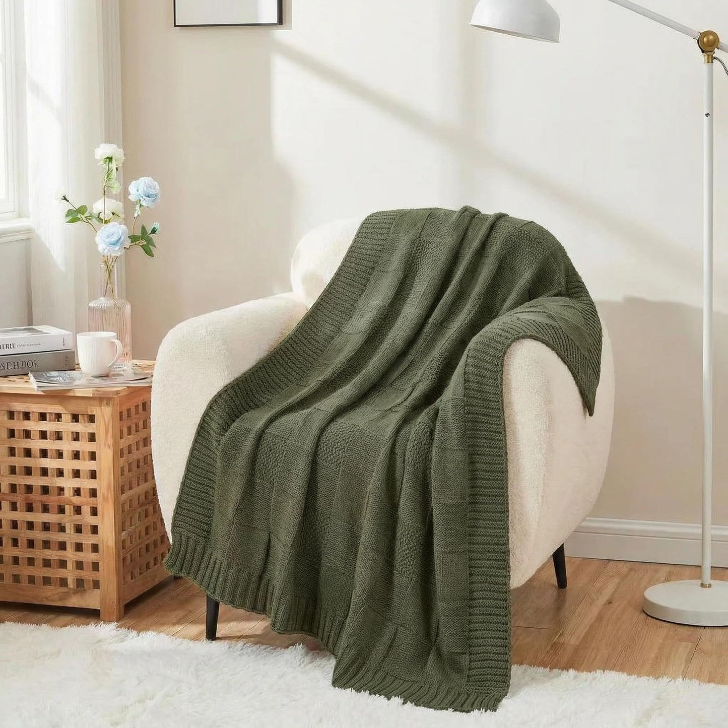 Ovelindra Checkered Knit Throw Blanket, Olive Green 50x60 Inches, Soft Warm Knitted Blanket for Couch, Sofa, Bed, Living Room, Bedroom, All Season Decorative Home Throw, Cozy Gift Blanket