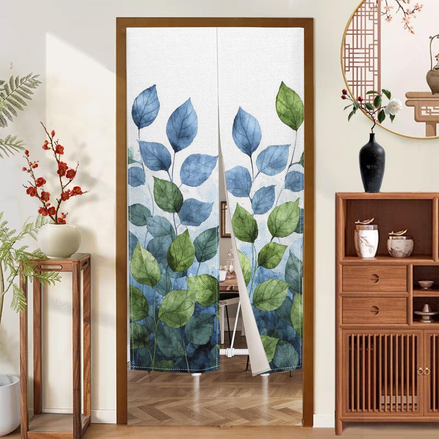 Leowefowa Long Style Japanese Noren Doorway Curtain Spring Summer Green Leaves Printed Door Curtain Tapestry Window Treatment for Hanging Bedroom Partition Kithchen Bathroom Home Decor, 33.5"x 70.9"