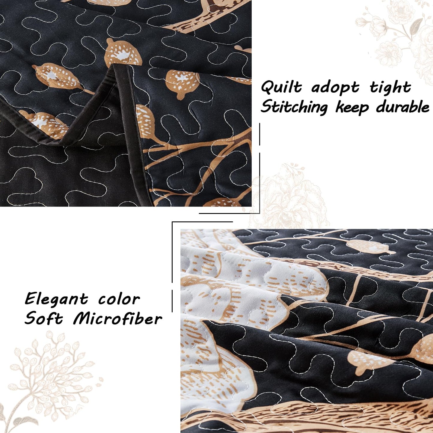 Yogeneg King Size Quilt Set,White Gold Floral Botanical Pattern Black Bedding Set,3 Piece Lightweight Soft Summer Bedspread Coverlet with 2 PIillow Sham for All Season(Black Floral,110"x96")