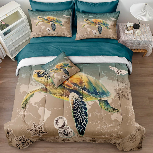 MOVE OVER Beach Comforter Set 8 Pieces Sea Turtle Comforter Set King Size Vintage Nautical Style Coastal Bedding Sets for Teens Boys and Girls for Retro Ocean Bedroom