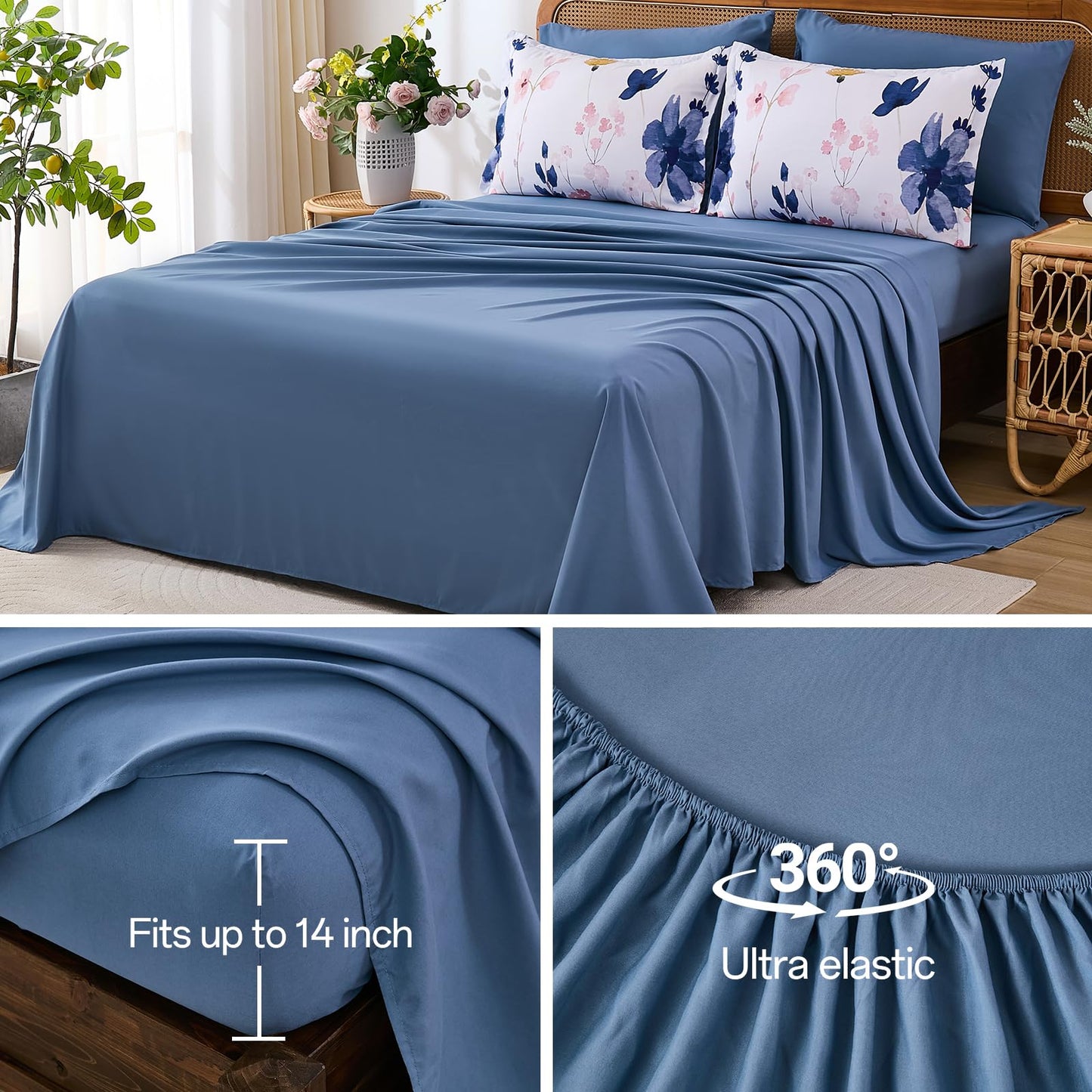 Anibedding Blue Floral Comforter Set Queen Size, 8 Piece Botanical Flower Bed in a Bag, Reversible Design Comforter Soft Microfiber Complete Bedding Sets for All Season (Blue, 90"x90")