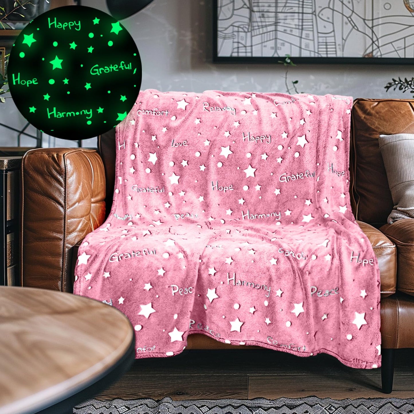 Glow in the Dark Throw Blanket, Super Soft Fuzzy Plush Fleece, Decorated with Stars and Words of Encouragement, Birthday Gift for Girls Kids Women Teens Grandkids Toddlers, Pink, 50" x 60"