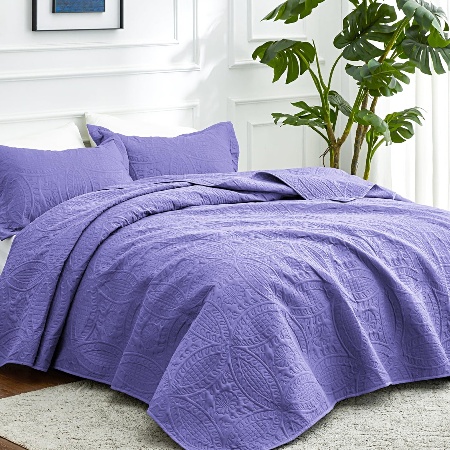 Love's cabin California King Size Quilt Bedding Set Deep Purple Bedspreads - Cal King Summer Lightweight Bedspread Comforter - Coin Pattern Coverlet for All Season - 3 Pieces (1 Quilt, 2 Pillow Shams)