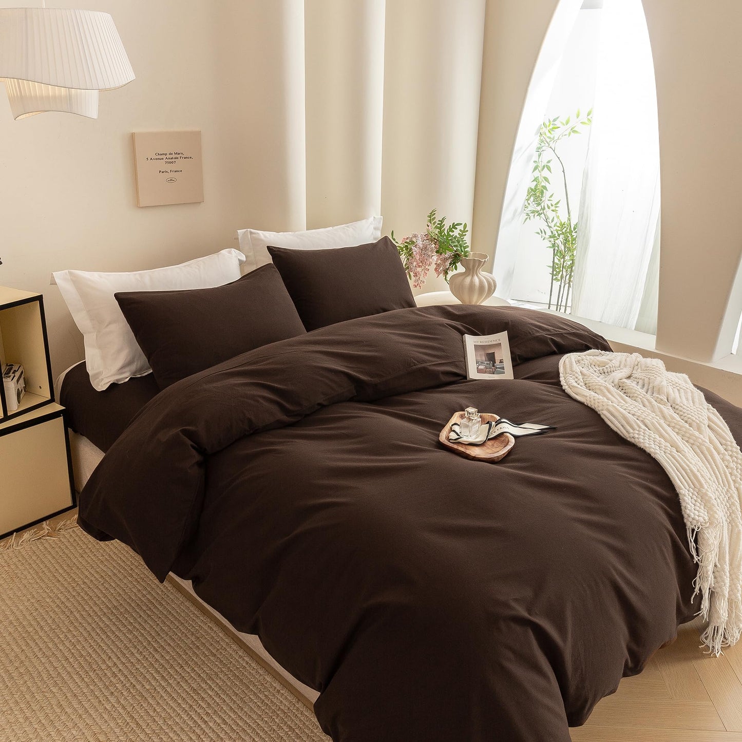 ECOCOTT Duvet Cover Queen Size -100% Washed Cotton Linen Like Textured Breathable Durable Soft Comfy Bedding Set with Zipper Closure & Corner Ties (Cocoa Brown, 90"x90")