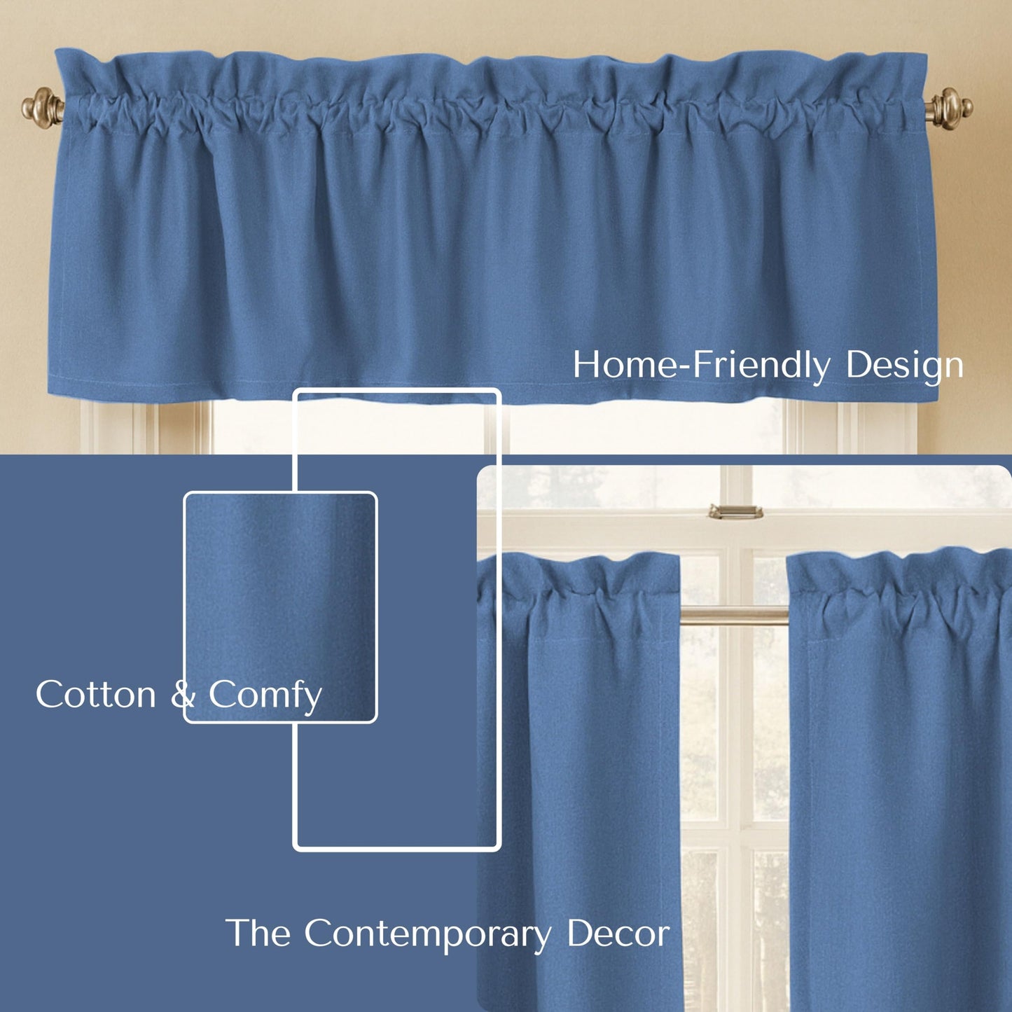 Native Fab 3 Piece Window Curtain Tiers 26"x36" and Valance 54"x18" Set - Rod Pocket - Semi Sheer - Short Curtain for Kitchen, Cafe, Living Room - Sky Blue