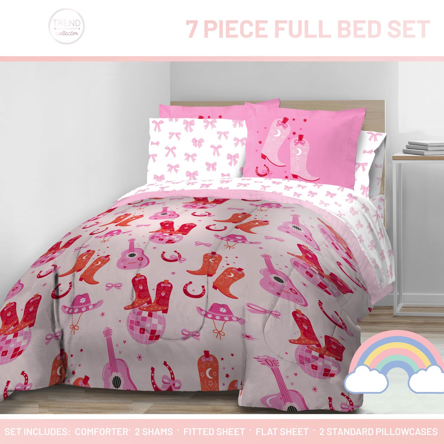 Jay Franco Kids Bed Set, Pink, Cowgirl Boots & Bows, 7 Piece Full