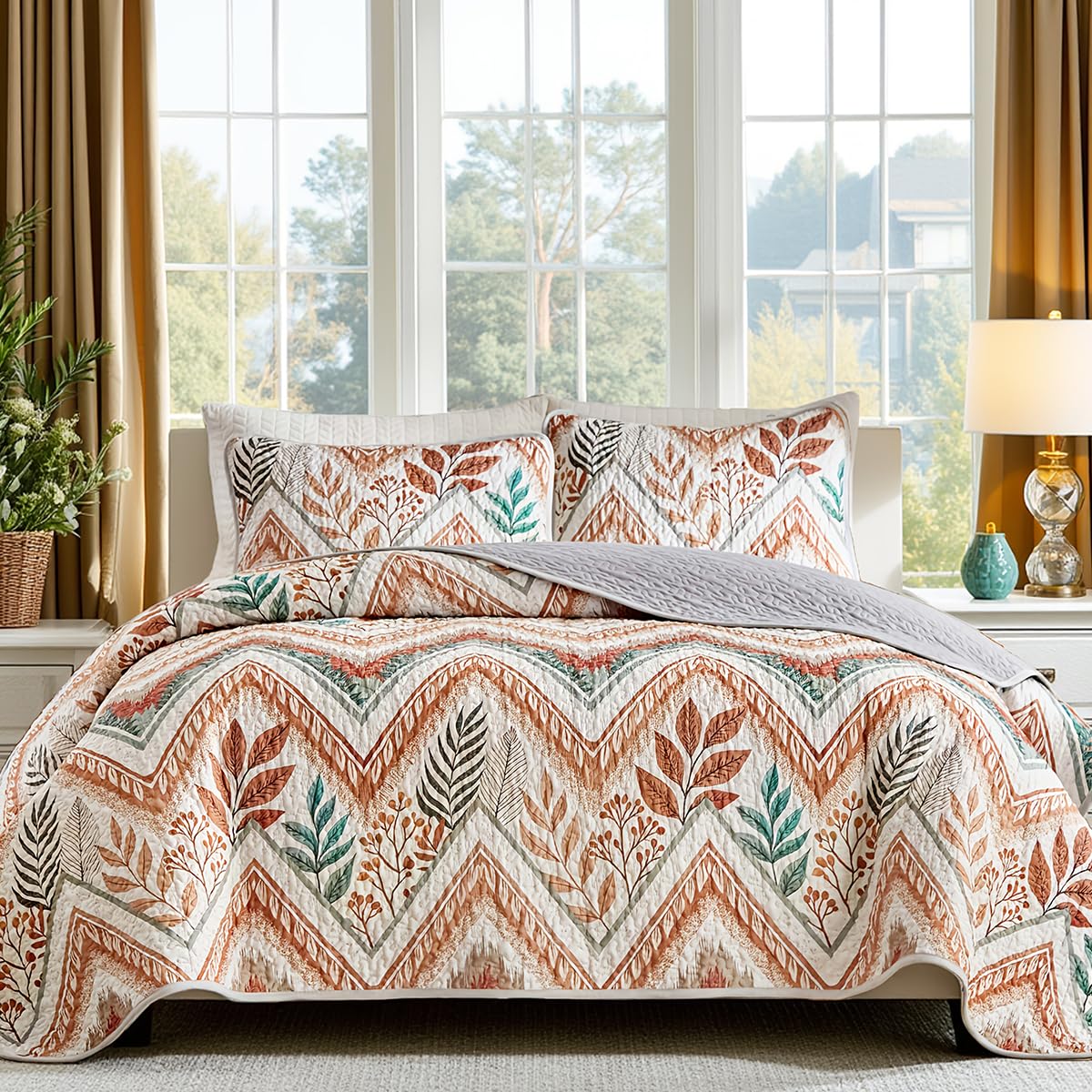 Boho Quilts Queen Size Bedding Set Orange 3 Pieces Farmhouse Leaf Botanical Summer Bedspreads with 2 Shams Soft Reversible Lightweight Breathable Coverlet Set for All Season (Orange Leaf, Queen)