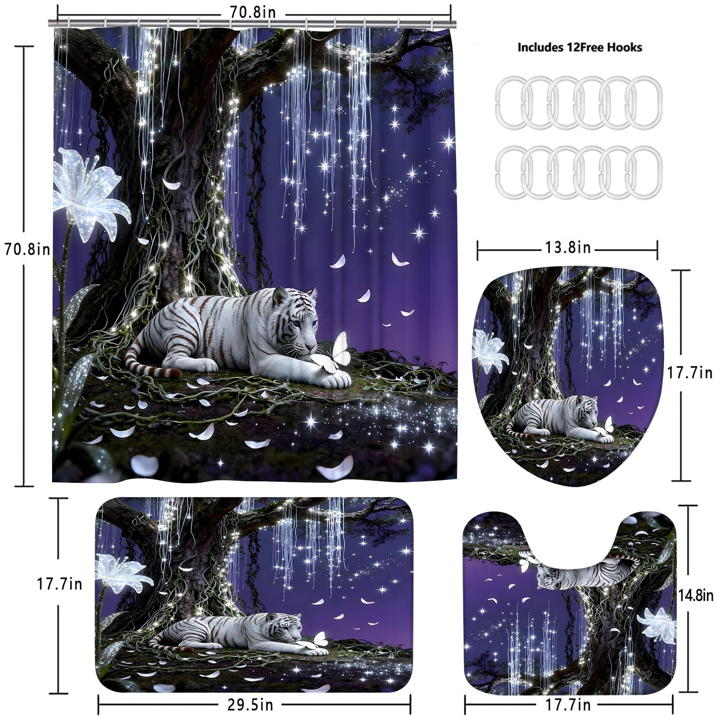 4 Piece Purple and White Shower Curtain Set with Rugs, Dreamy White Tiger & Butterfly Under Glowing Tree, Fantasy Aesthetic Waterproof Fabric Bathroom Decor, Non-Slip Mats & Toilet Lid Cover