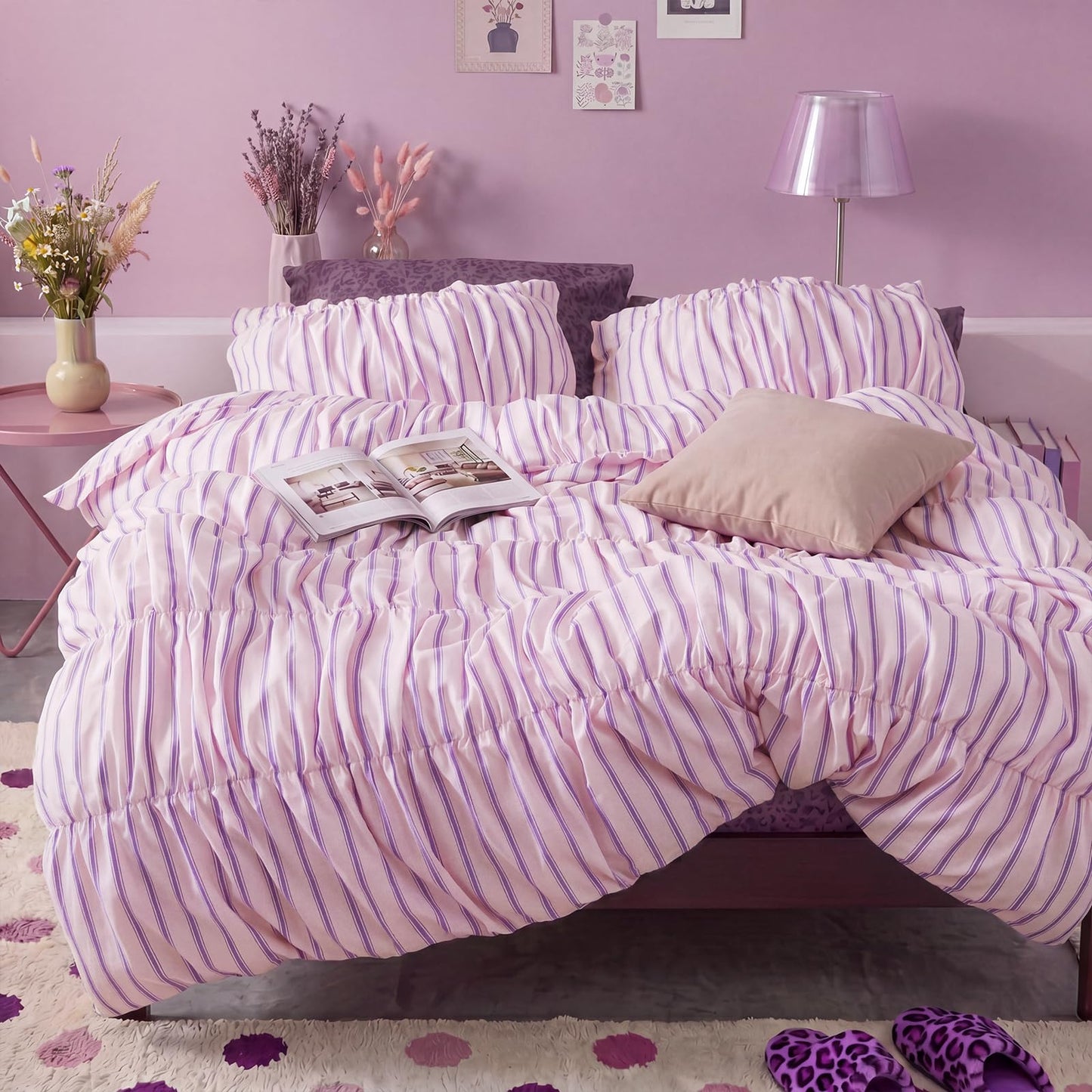 Merryword Pink Ruched Duvet Cover Set Queen Size 100% Cotton Bedding Set Pink and Purple Striped Aesthetic Duvet Cover with Zipper Closure and 8 Corner Ties