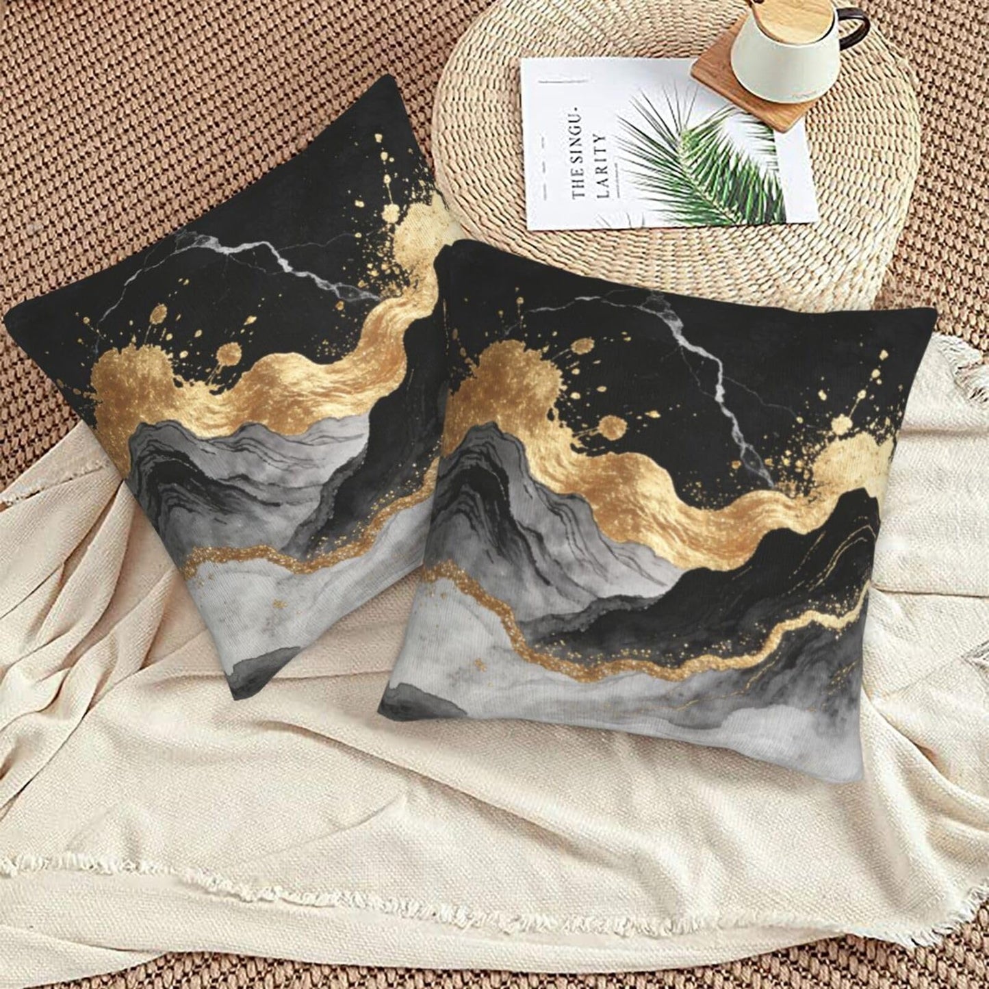 Lcokin Black and Gold Abstract Marble Throw Pillow Covers 18x18 in Set of 2, Decorative Gold Grey Pillow Case Square Cushion Covers for Sofa Bed Couch Living Room