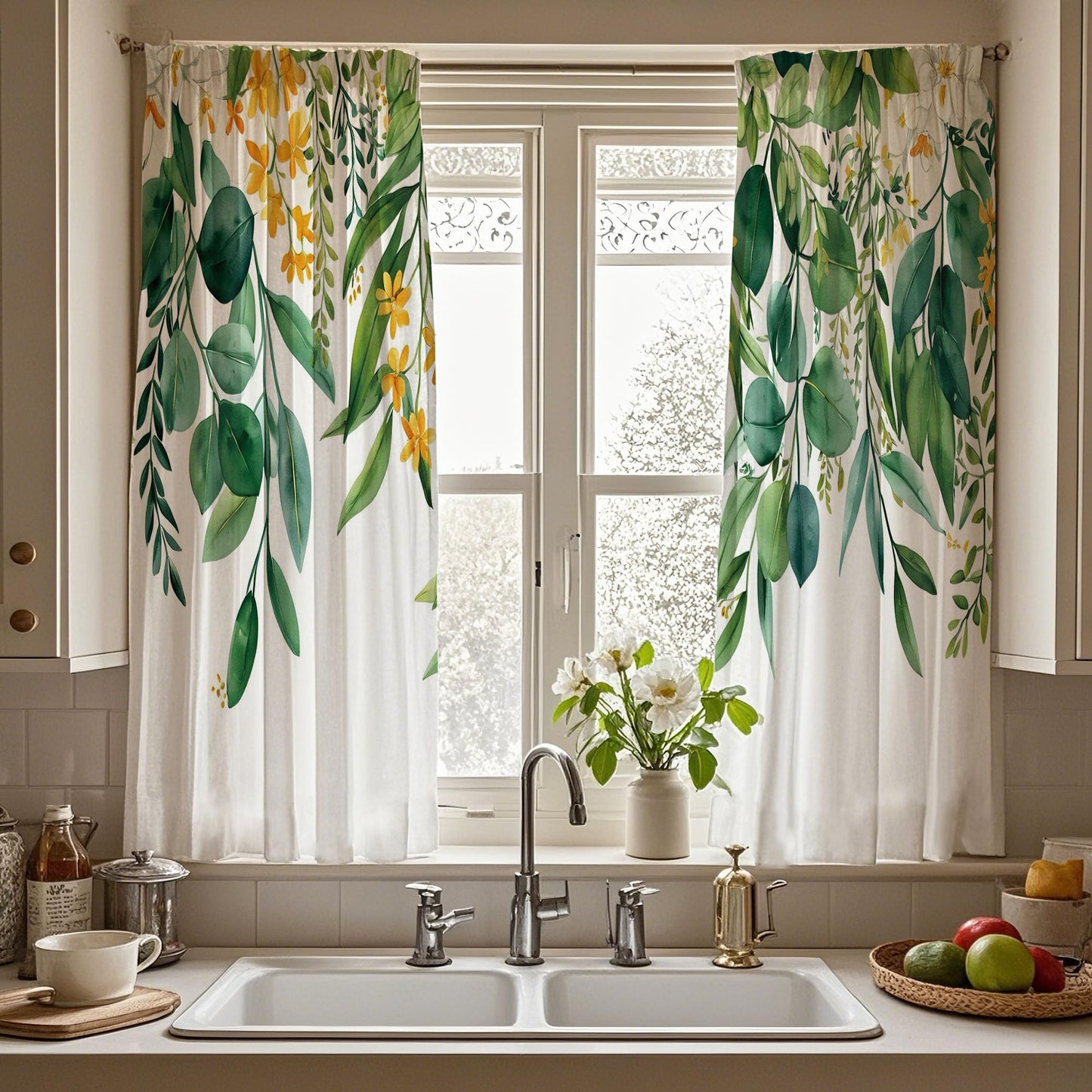 Opeoddie Eucalyptus Leaves Kitchen Curtains 2 Panels Sage Green Plant Botanical Vintage Farmhouse Boho Floral Small Short Cafe Tiers Curtain Bathroom Window Treatment Drapes 26x36 Inch