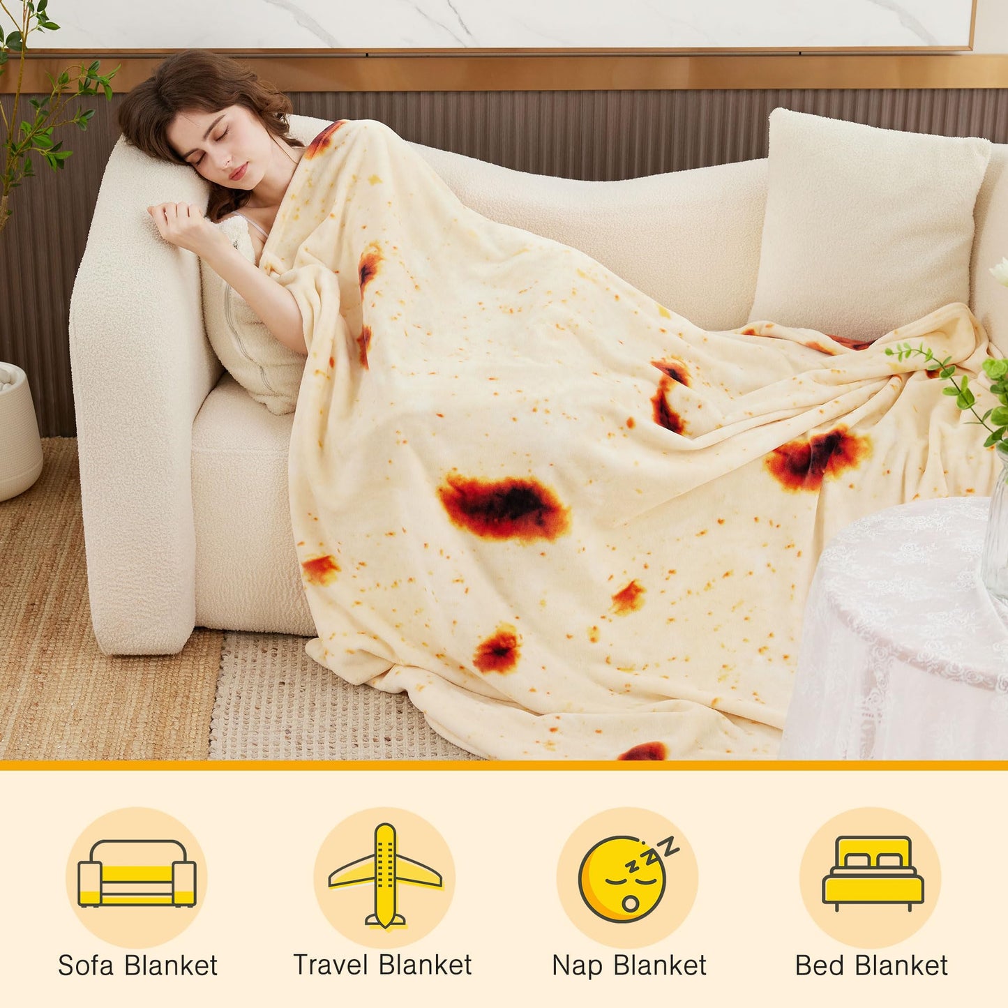 LetsFunny Burrito Tortilla Throw Blanket for Couch, Double Sided Burrito Taco Tortilla Wrap Blankets, Funny Realistic Flannel Food Round Blankets, Christmas Birthday Gifts for Women Men Teen 47in