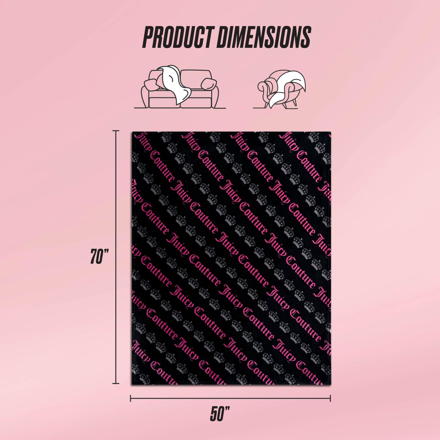 Juicy Couture Diagonal Juicy Crown Stripes Plush 50" x 70" Throw Blanket, Black