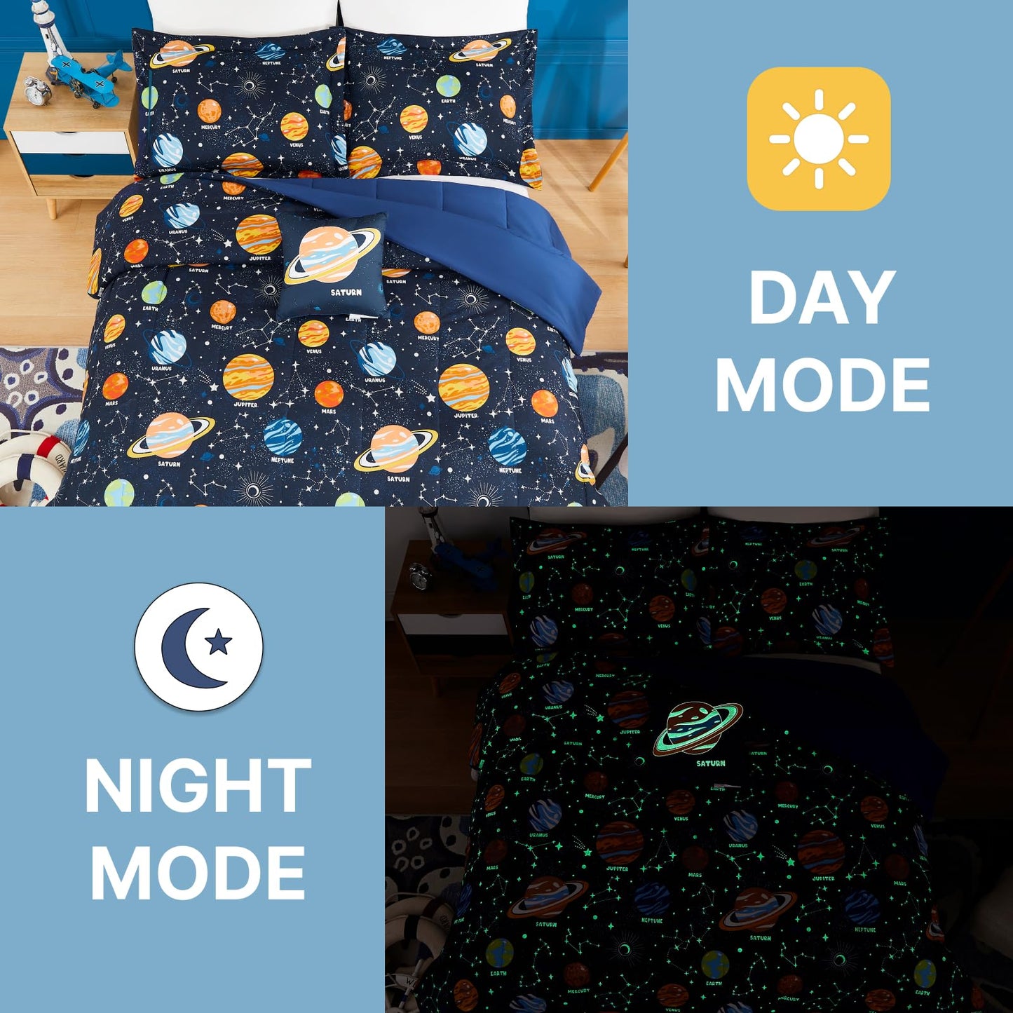 Wink Deer Twin Comforter Set for Boys-3 Pieces Space Glow in the Dark Twin Bedding Sets for Kids,1 Comforter,1 Sham and 1 Decor Pillow