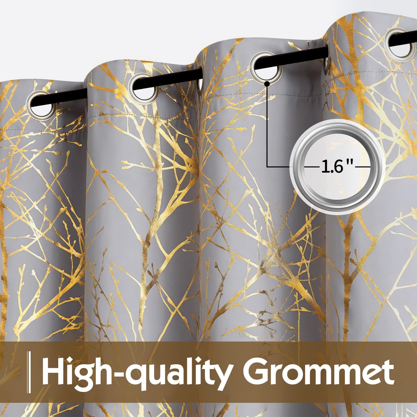 FMFUNCTEX 100% Blackout Curtains for Bedroom, Curtains 45 Inch Length Gold on Grey Tree Curtains for Living Room, Gold Foil Room Darkening Thermal Insulated Branch Curtain, 2 Panels Grommet Top