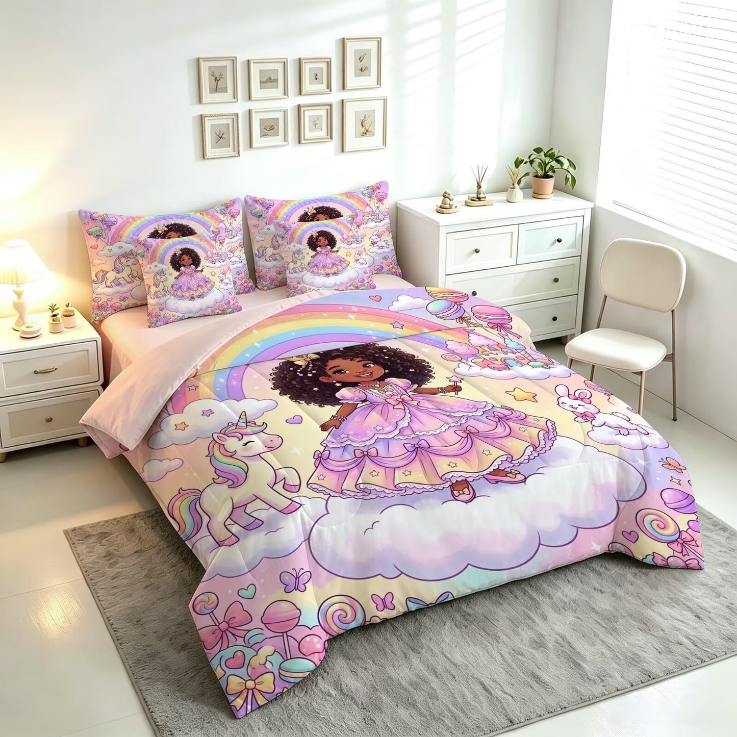 FUYEUN Rainbow Princess Unicorn 7 Piece Twin Comforter Set for Girls