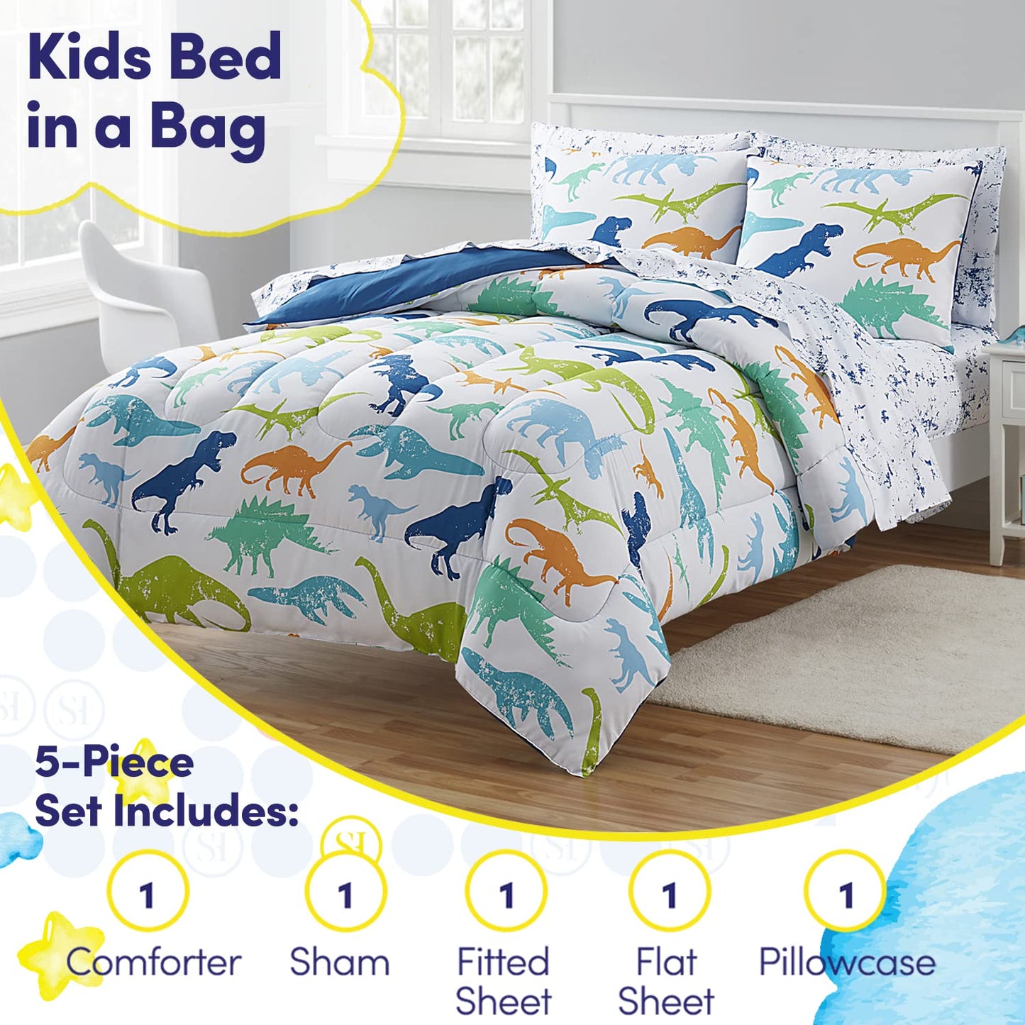 Kids Bedding Set Bed in a Bag for Boys and Girls Toddlers Printed Sheet Set and Comforter , Twin, Dinosaur