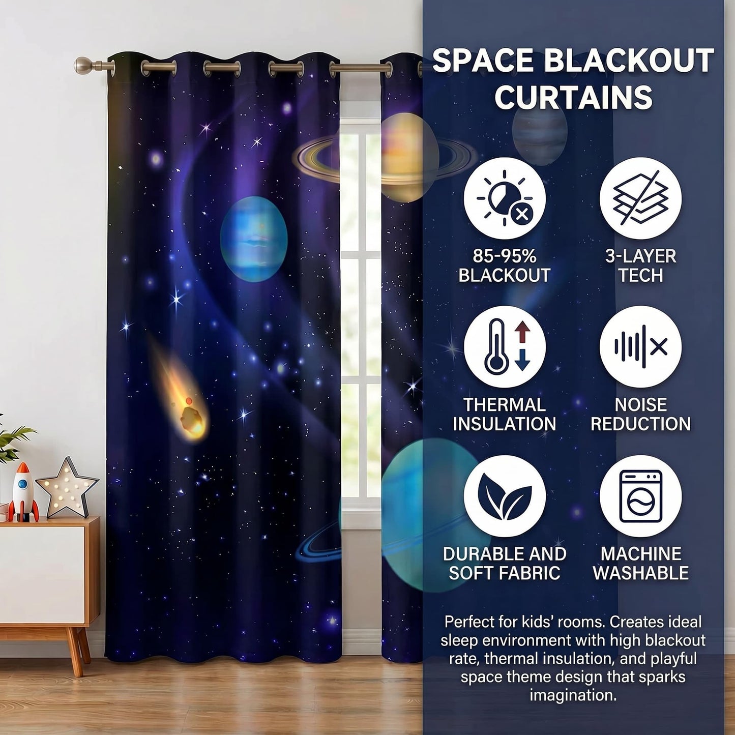 terxgrl Space Curtains for Boys Room, Galaxy Outer Space Blackout Window Curtains, Solar System Planets Darkening Drapes for Kids Bedroom Playroom, 42 x 45 Inch