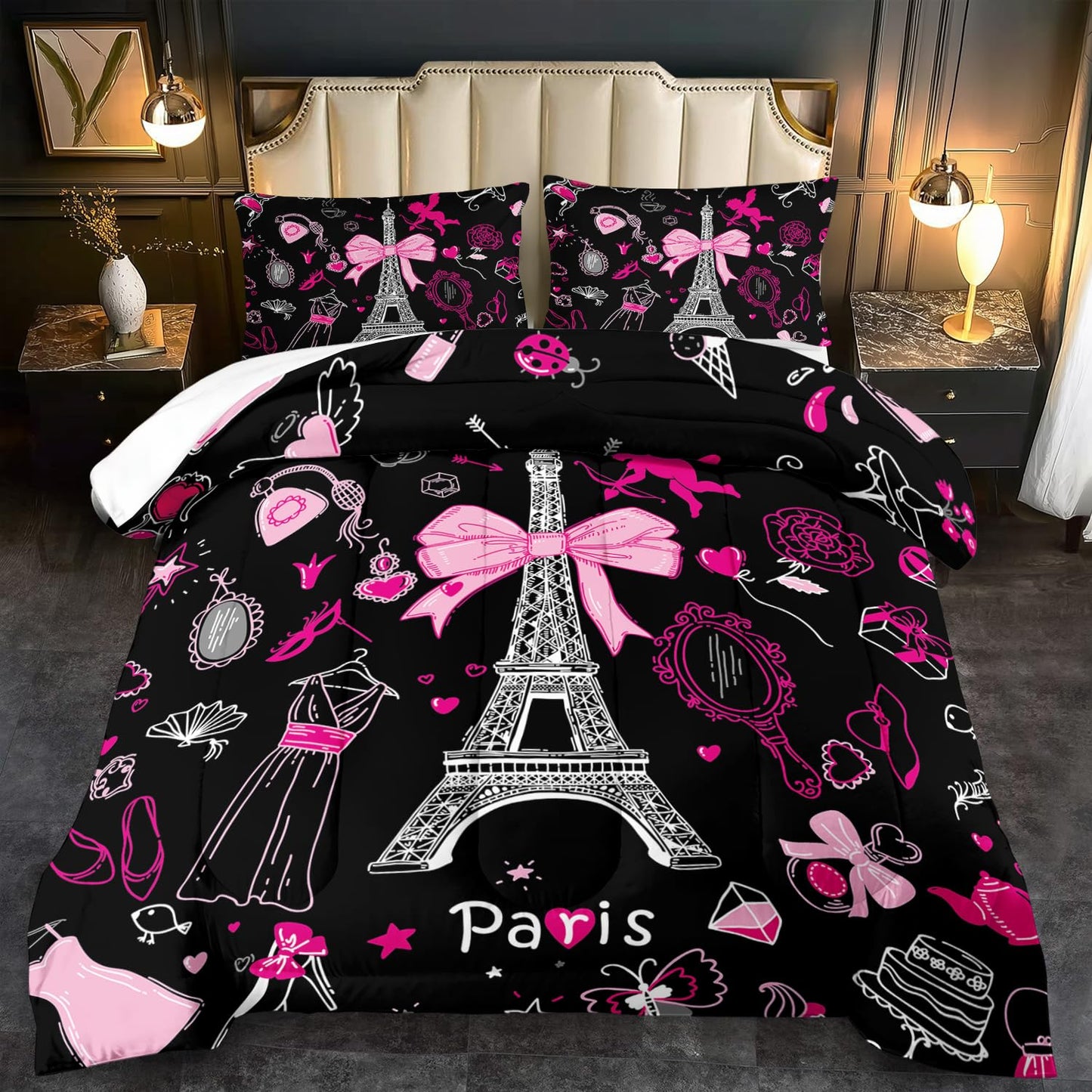 llyxsesty Eiffel Tower Comforter Set King Size,Eiffel Tower Bedding Set for Girls, Pink and Black Paris Themed Comforter Bedroom Decor,Paris Quilt French Style Romantic Bedding