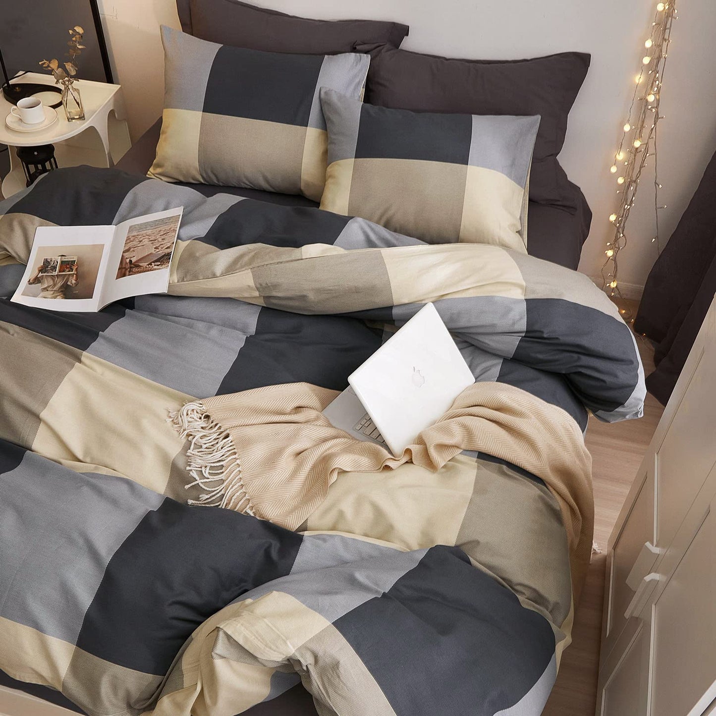 VM VOUGEMARKET Teens Boys Duvet Cover Queen,3 Pieces Black Gray Plaid Bedding Duvet Cover Set,100% Cotton Simple Modern Farmhouse Bedding Set Without Comforter-90x90,Checkered