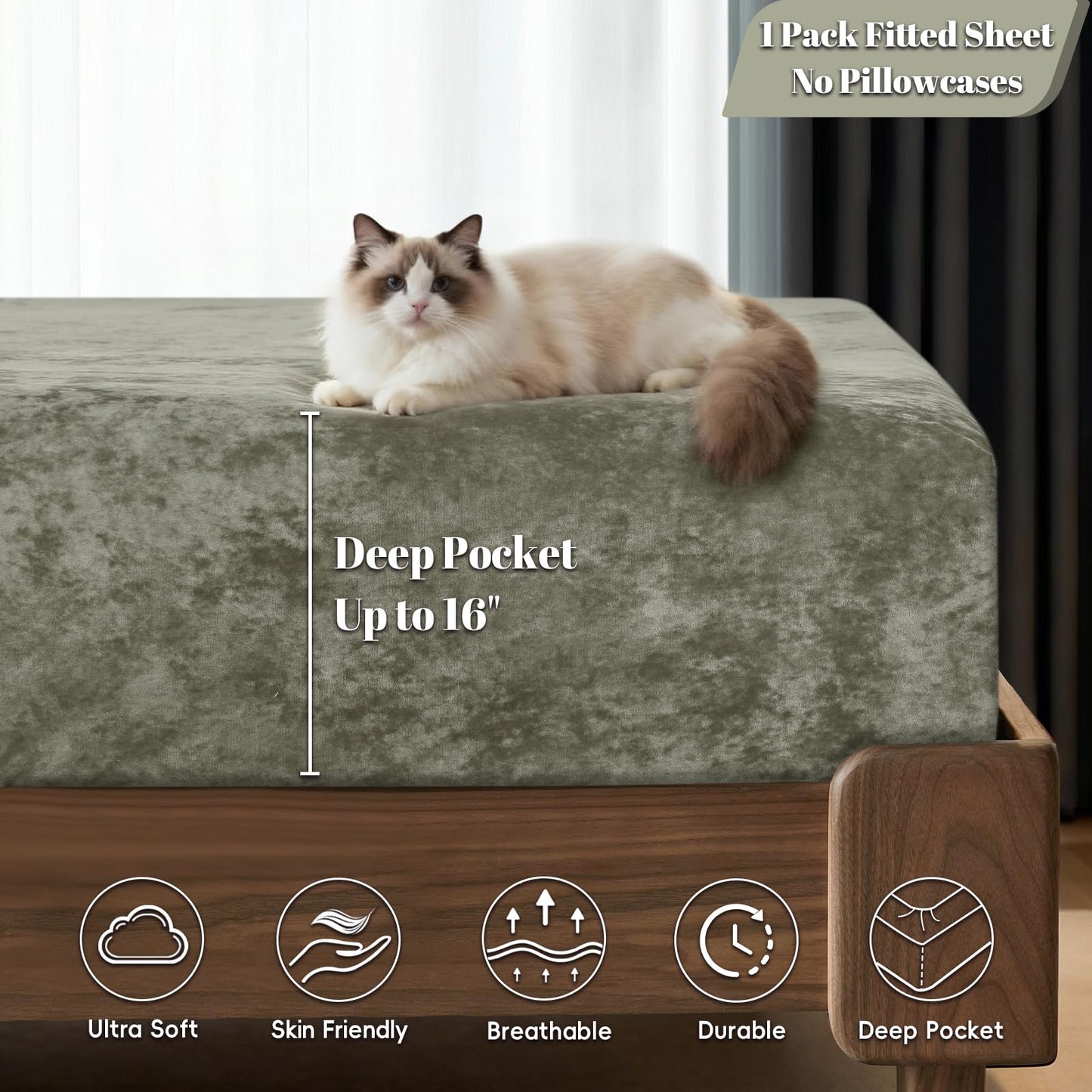 PHF Truly Velvet Fitted Sheet Only Queen Size, Luxury Super Soft Cozy Fuzzy Fleece Bottom Sheet, Deep Pocket Up to 16",Suitable for Fall Winter Spring, No Pillowcases, Smokey Olive