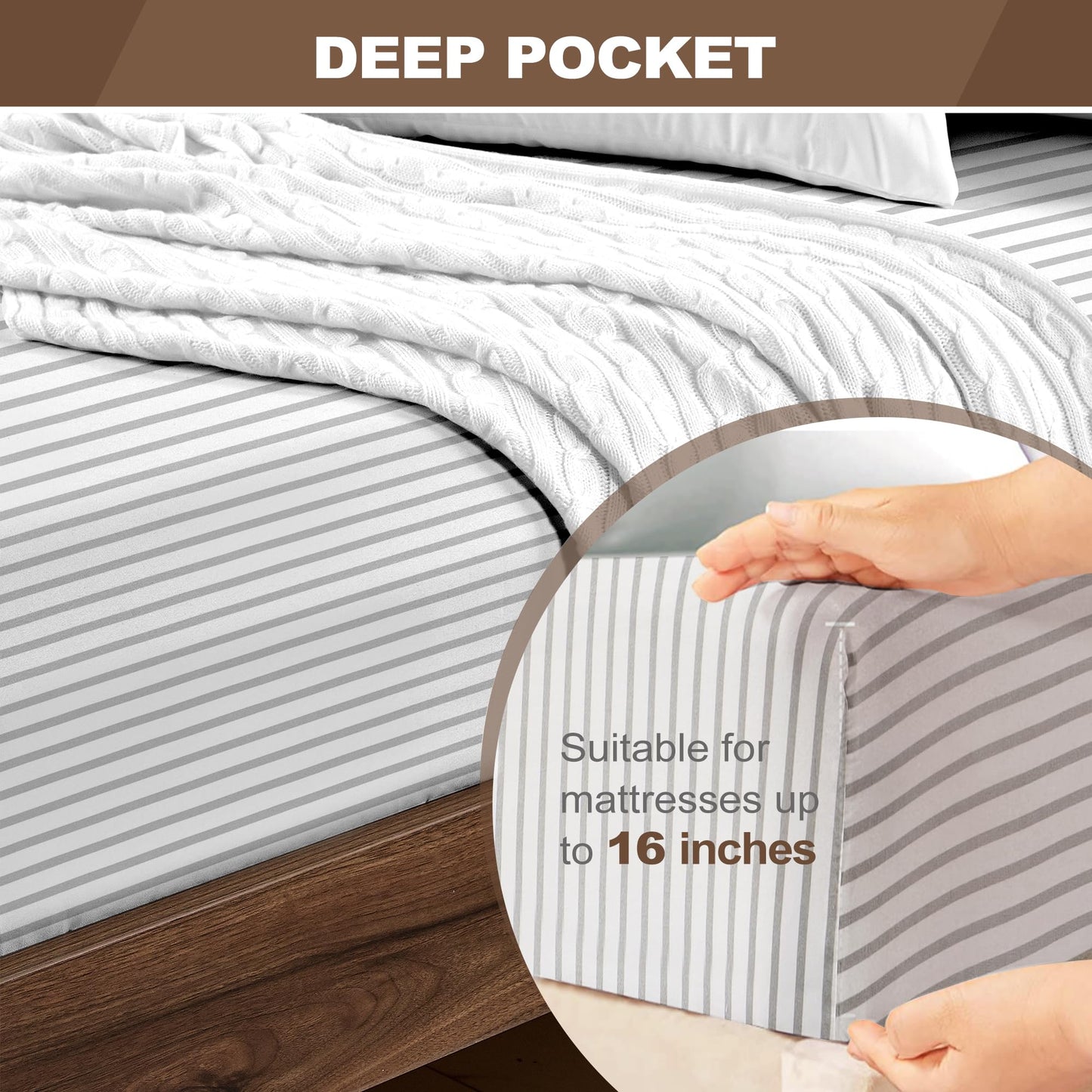 FreshCulture Queen Fitted Sheet - Hotel Quality, Ultra Soft & Breathable Brushed Microfiber, Deep Pocket, Cooling Fitted Sheets for Queen Size Bed (Stripe Grey)