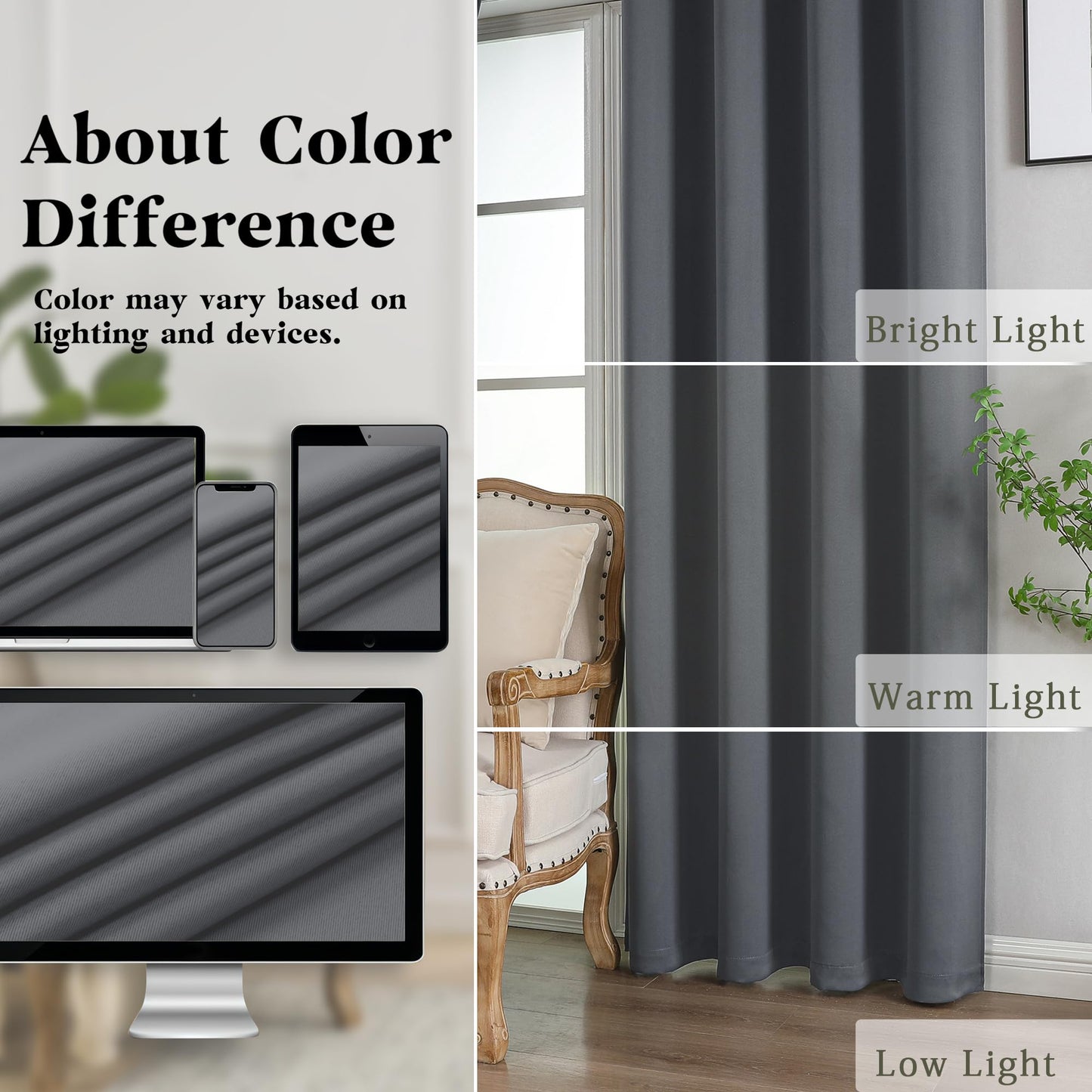 Simplebrand Grommet Blackout Curtains for Bedroom 63 Inch Length 2 Panels Set, Thermal Insulated Energy Saving Curtains for Kids Room, Solid Nursery Window Treatment Drapes, Dark Grey, W40 x L63