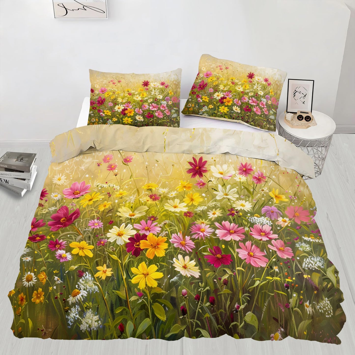 QINYUN Floral Comforter Set Oversized King, Vibrant Floral Bedding Set 3 Piece, Spring Wildflower Duvet Cover with Zipper & Ties, 2 Pillowcases