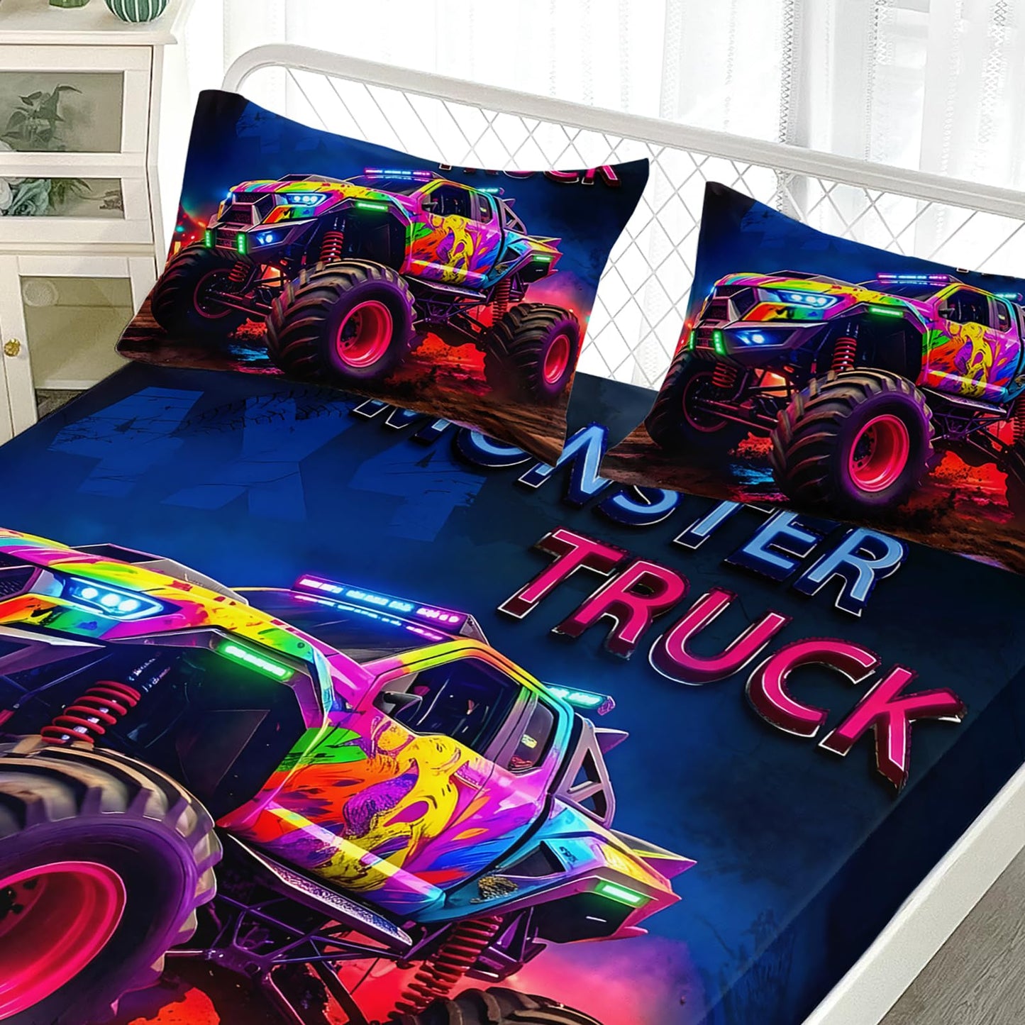 AILONEN Monster Truck Fitted Sheet Set Twin Size, Cartoon Car Bedding Set for Kids,Teens,Adults,3D Print Giant Pickup Truck Bedsheets Set for All Season,3-Pieces,1 Sheet Set with 2 Pillowcases,Soft