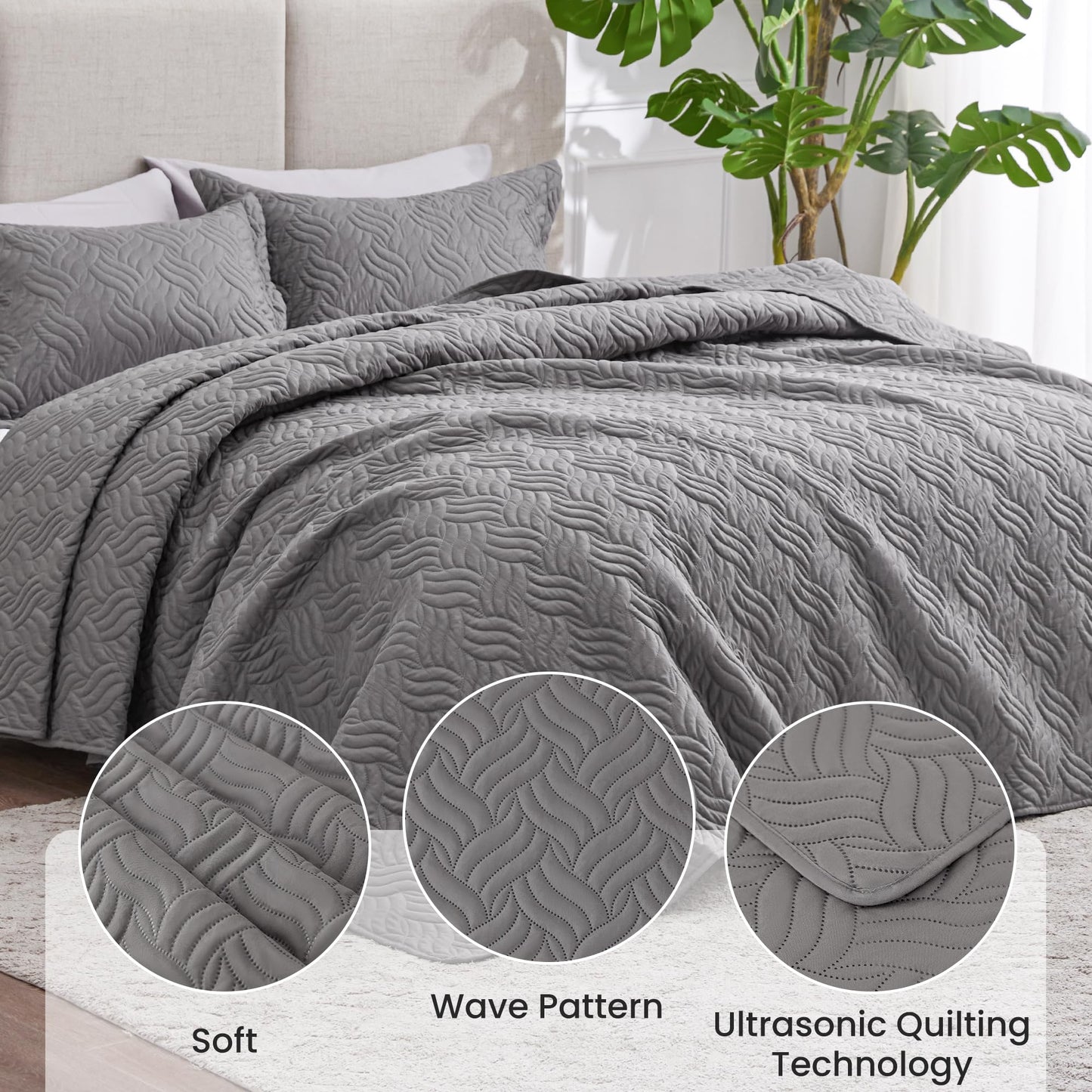 Love's cabin California King Size Quilt Bedding Set Grey Bedspread - Cal King Summer Lightweight Bedspread Comforter - Wave Pattern Coverlet for All Season - 3 Pieces (1 Quilt, 2 Pillow Shams)