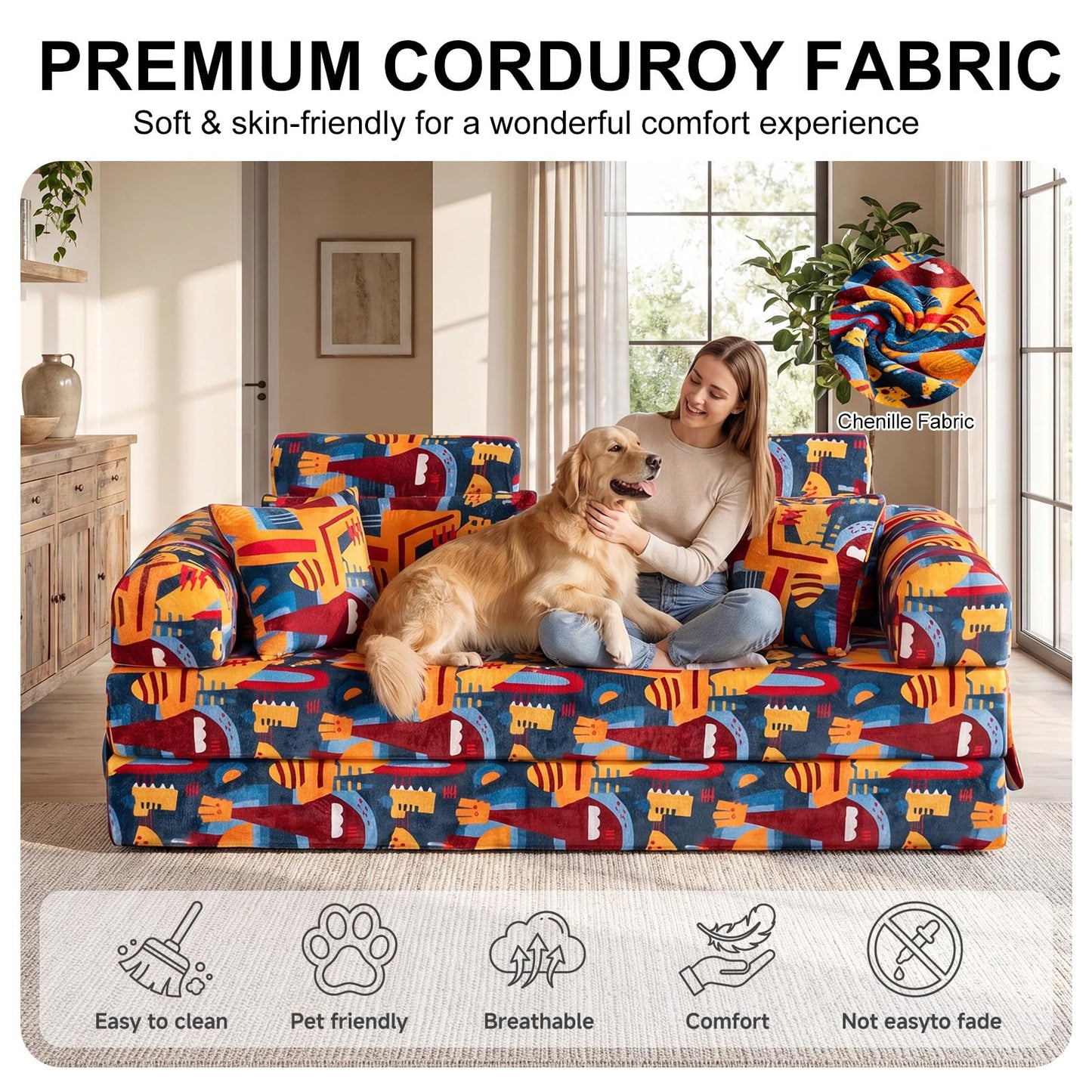 COOSYCO 79" Convertible Sofa Bed, 5-in-1 Corduroy Floor Couch, Boneless Couch with Ergonomic High Back Support & Side Storage Pocket, No Assembly for Bedroom Living Room (Graffiti B)